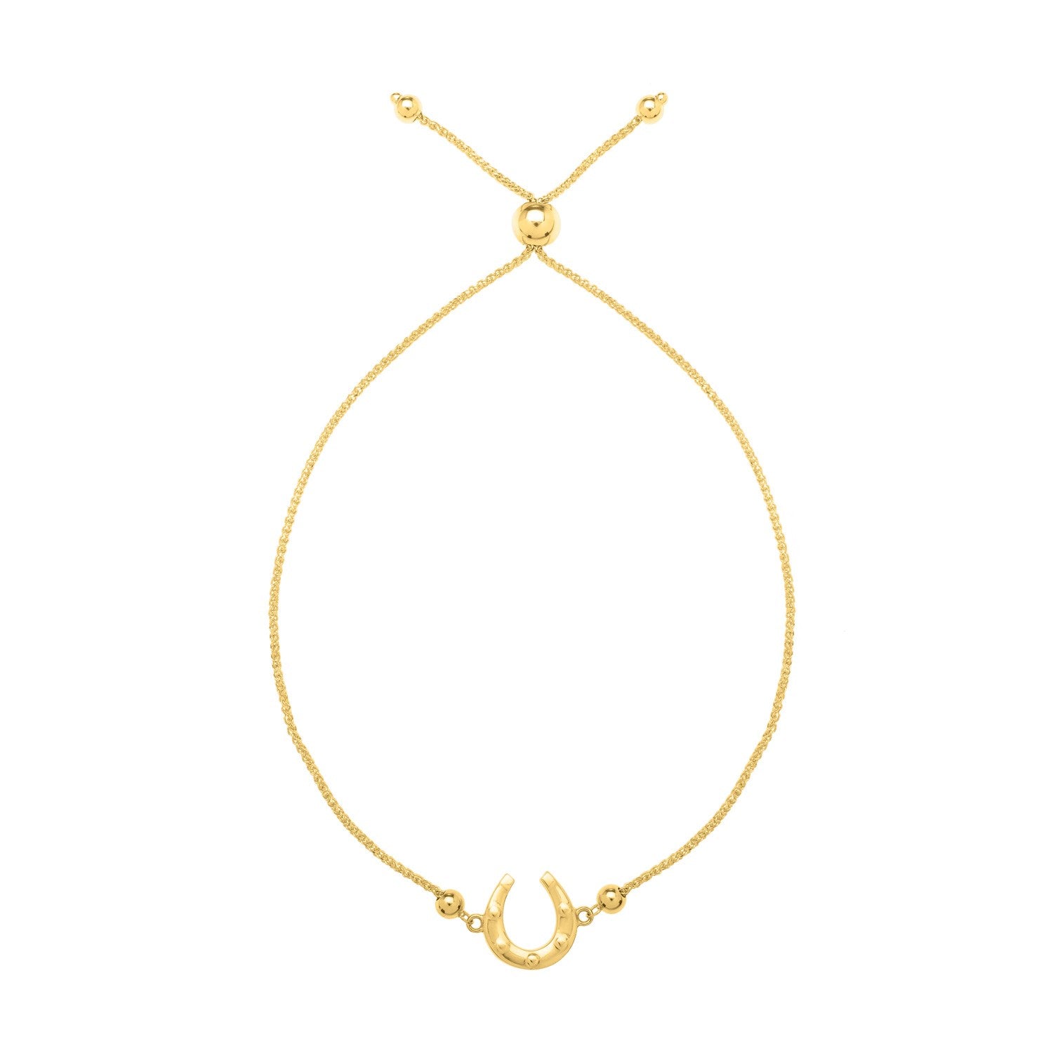 Adjustable 14K yellow gold bracelet with a horseshoe charm and drawstring clasp.