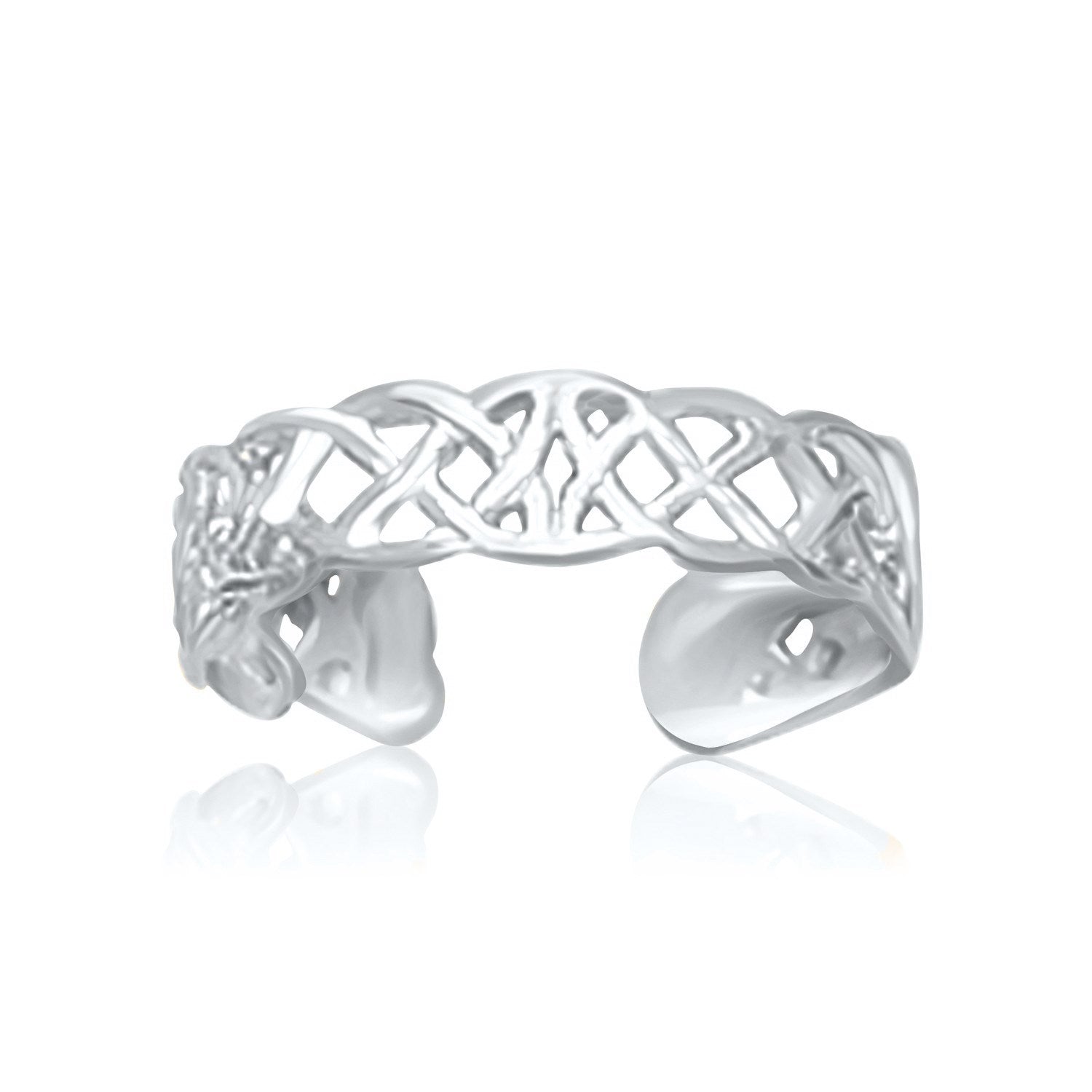 14k white gold toe ring in a Celtic knot style with a reflective surface.