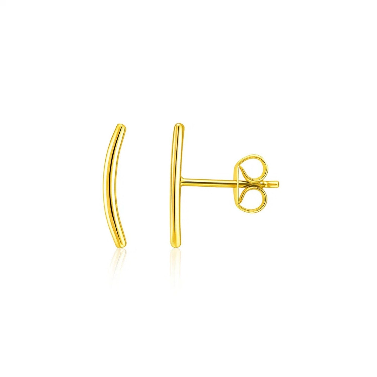 14k yellow gold curve climber post earrings with a pushback clasp.