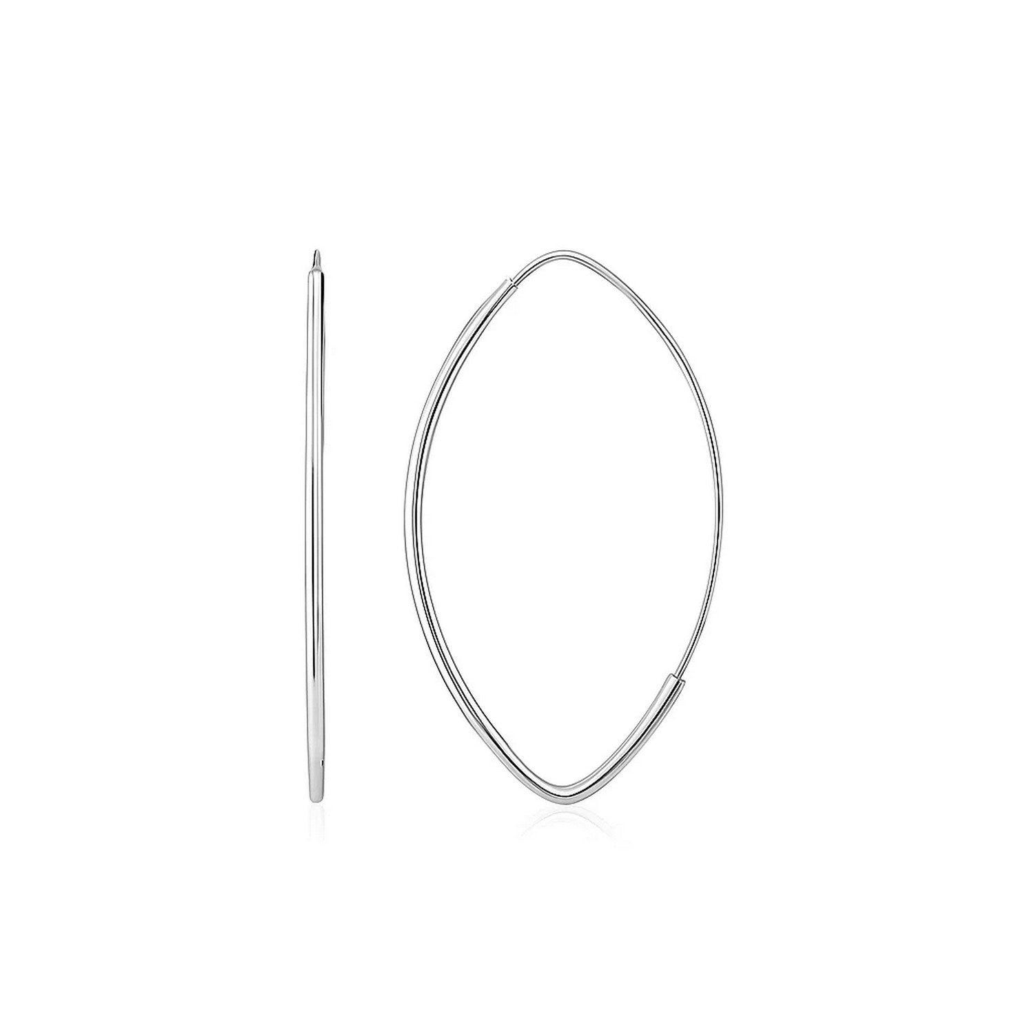 14k white gold polished long marquise motif hoop earrings with a slide clasp.
