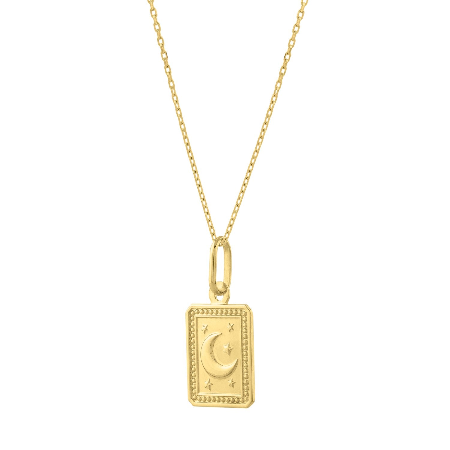 A 14K yellow gold necklace with a rectangular moon and stars pendant.