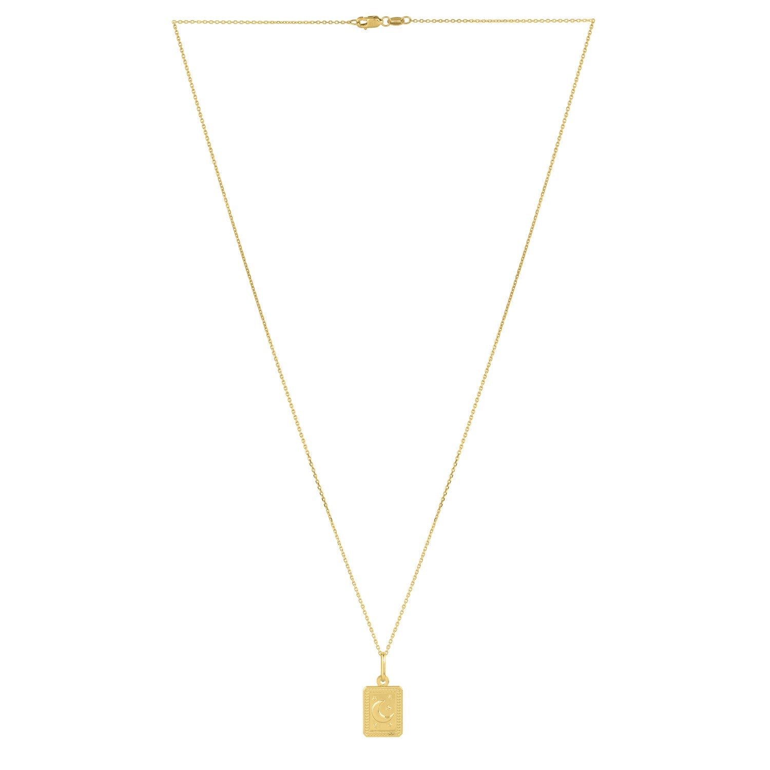 14K yellow gold necklace with a rectangular moon and stars pendant.