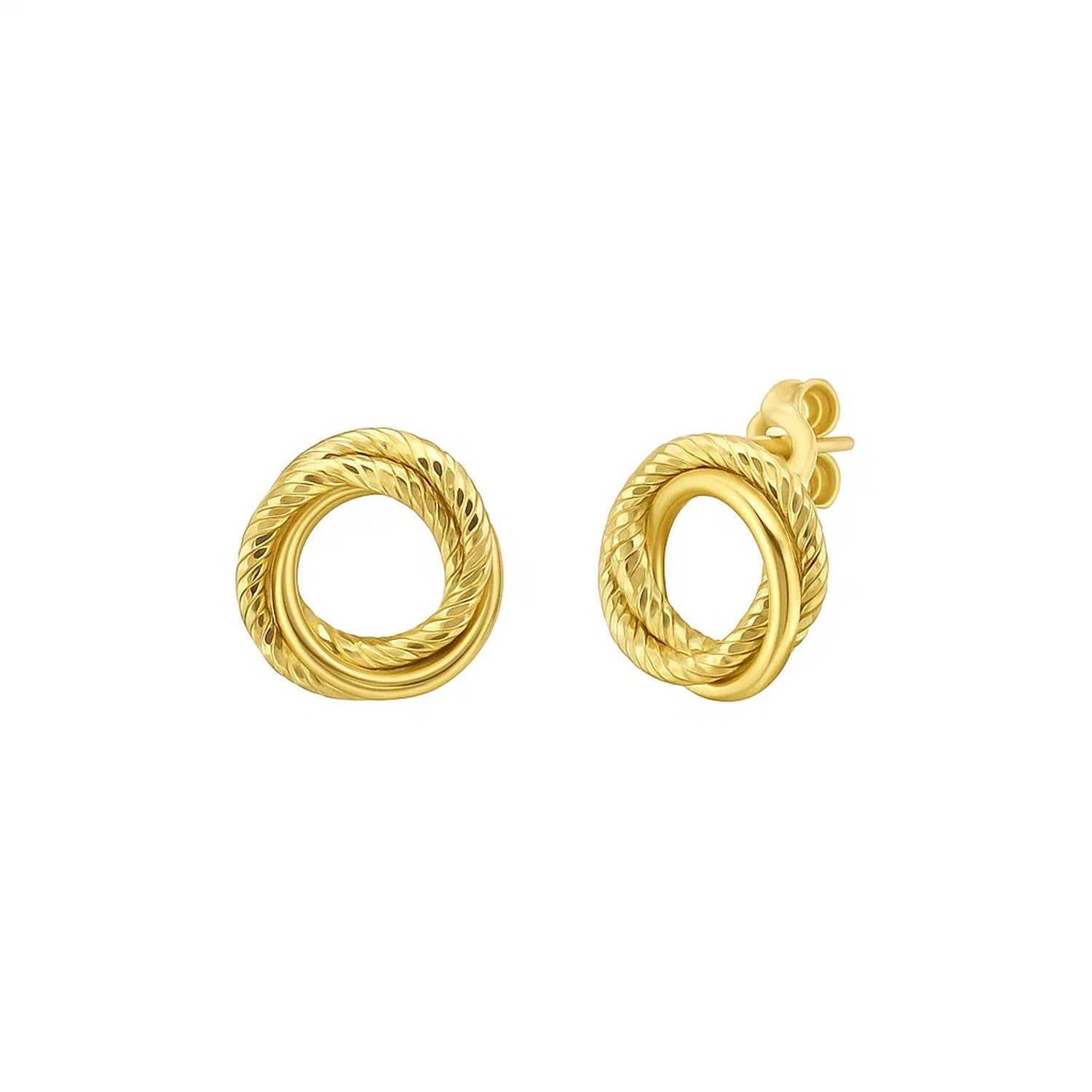 14K yellow gold diamond-cut interlocking trinity stud earrings with push-back clasps.