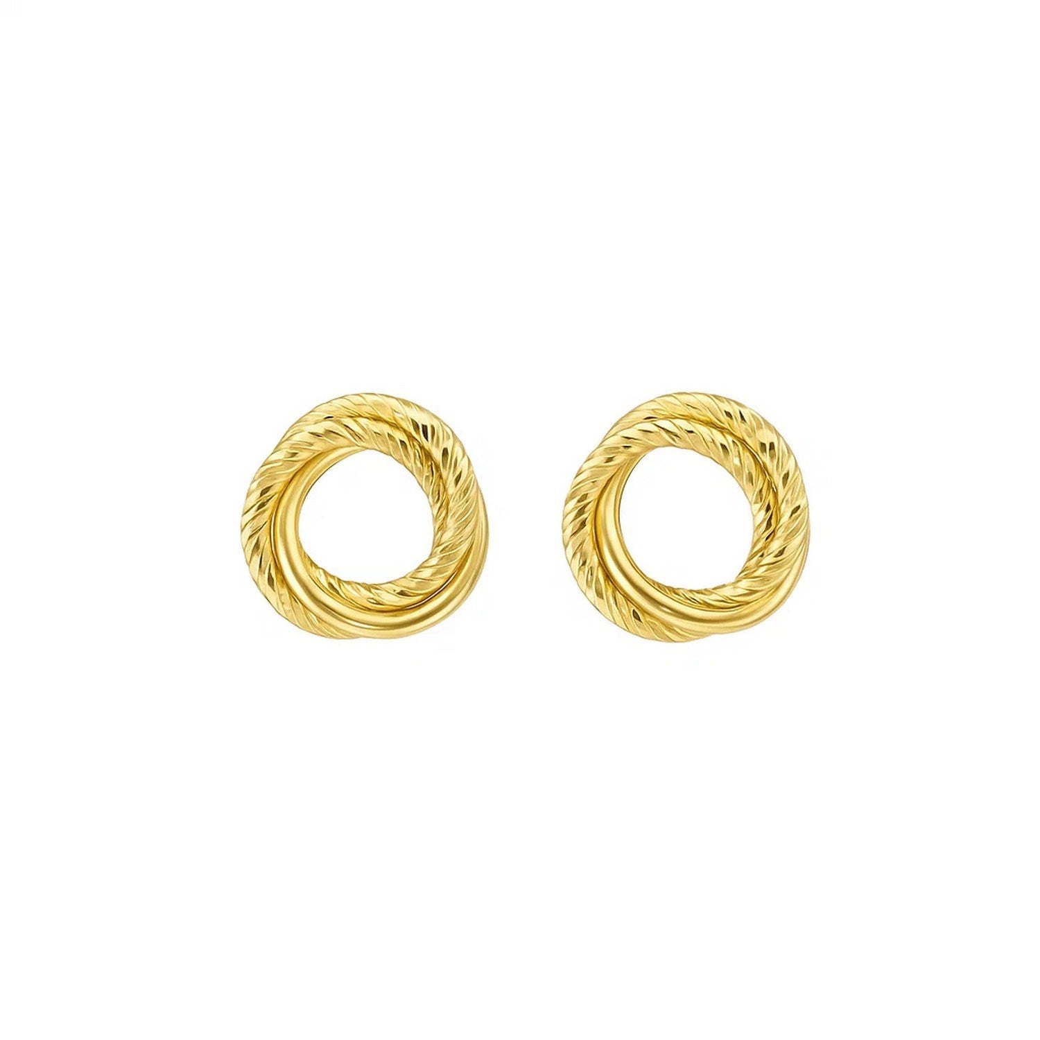 14K yellow gold diamond-cut interlocking trinity stud earrings.