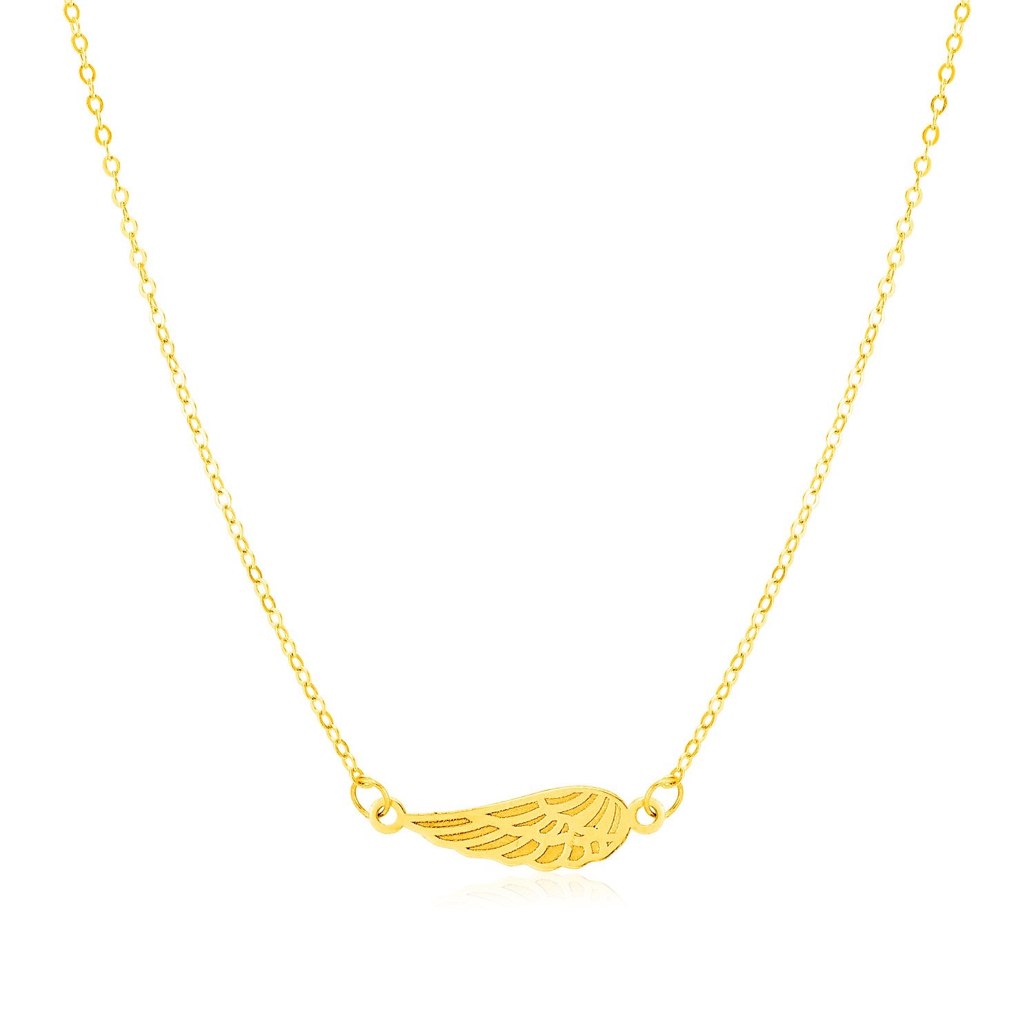 14K yellow gold necklace with a delicate angel wing pendant.