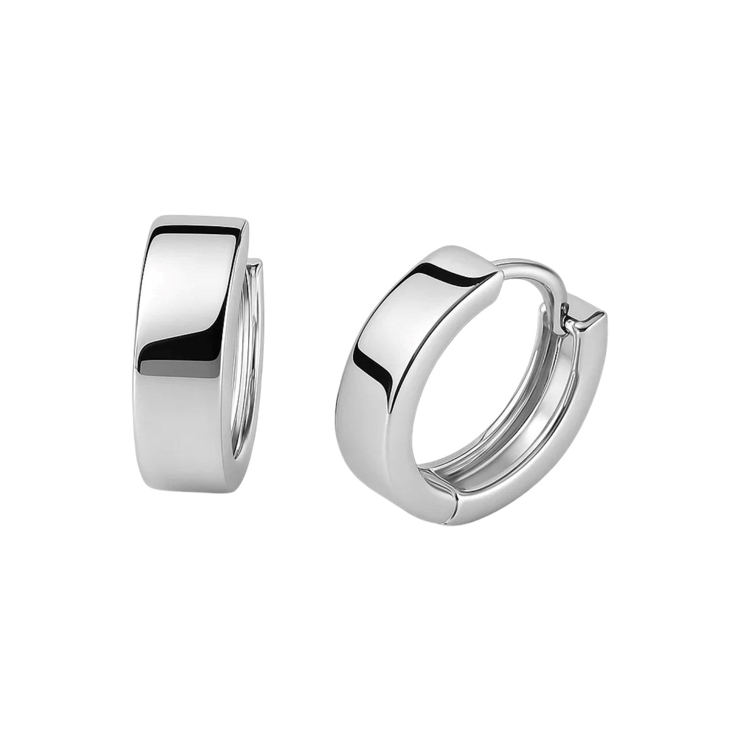 A pair of polished 10k white gold snuggable hoop earrings with snap lock backs.