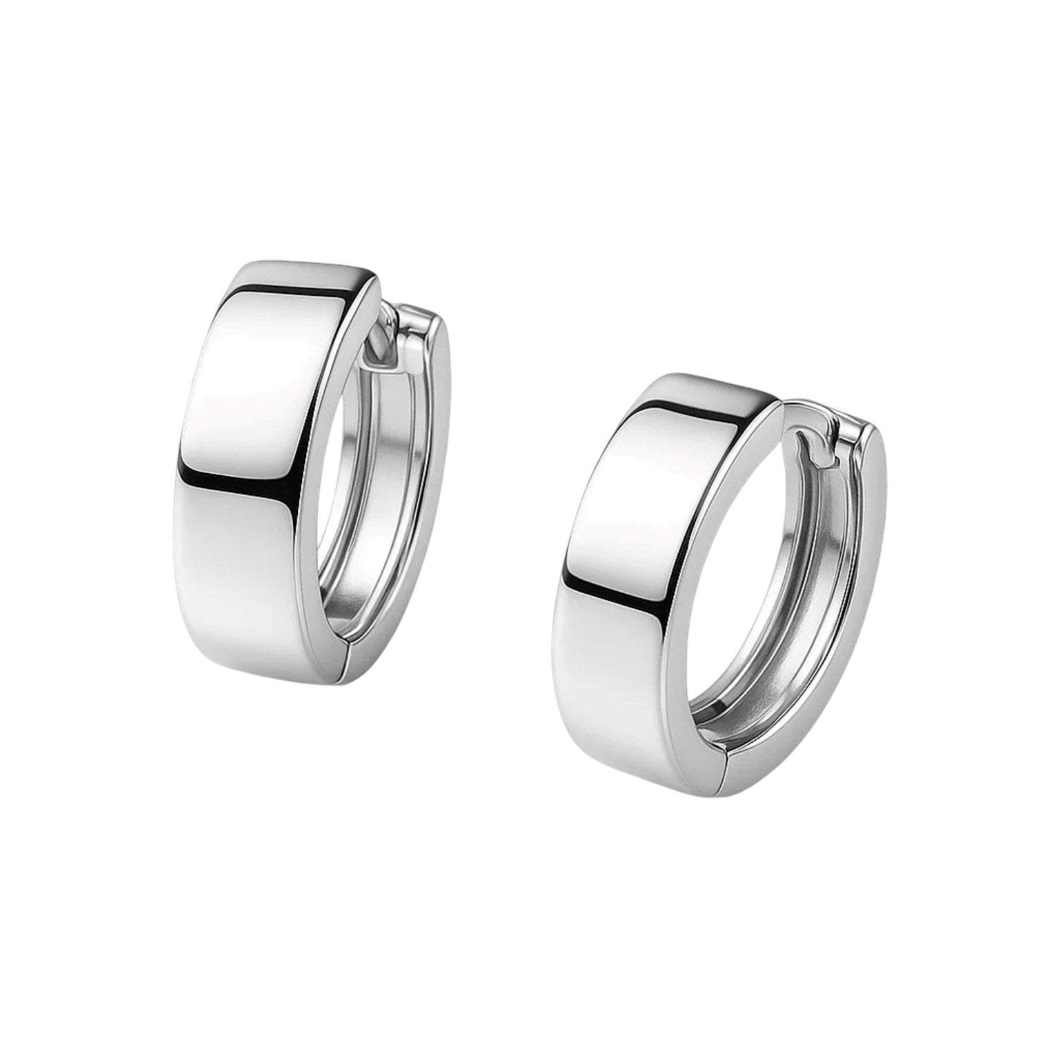 Pair of polished 10k white gold snuggable hoop earrings with snap backs.