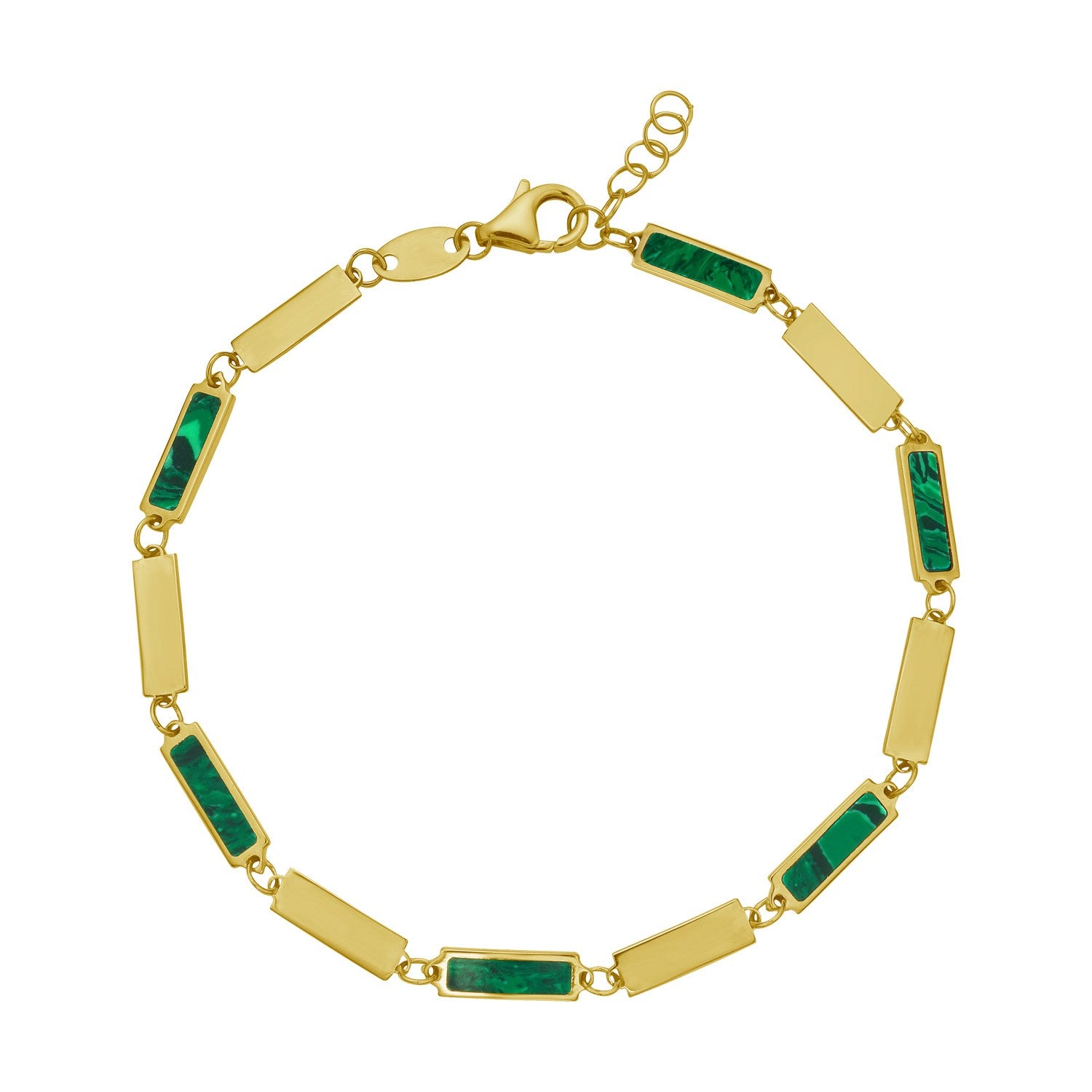 14K yellow gold bracelet with rectangular links, some inlaid with green malachite.