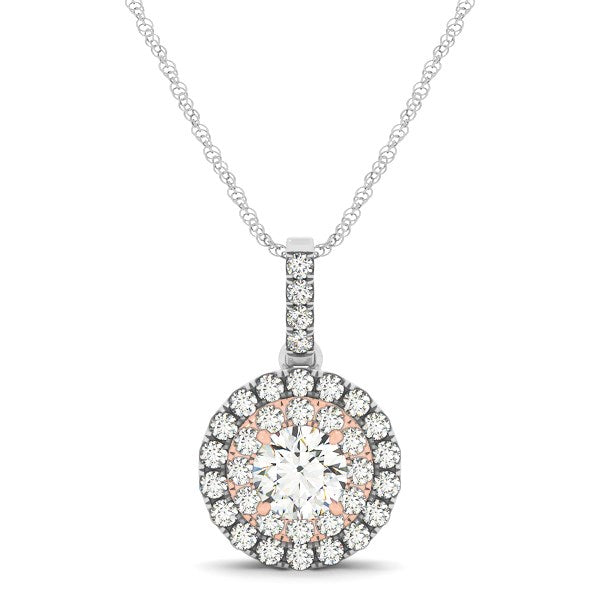 Round shape double halo diamond pendant in 14k white and rose gold.