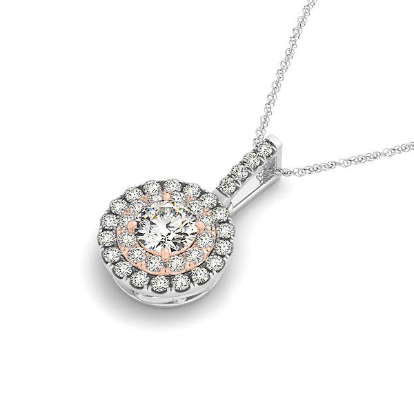 Round halo diamond pendant in 14k white and rose gold on a rope chain.