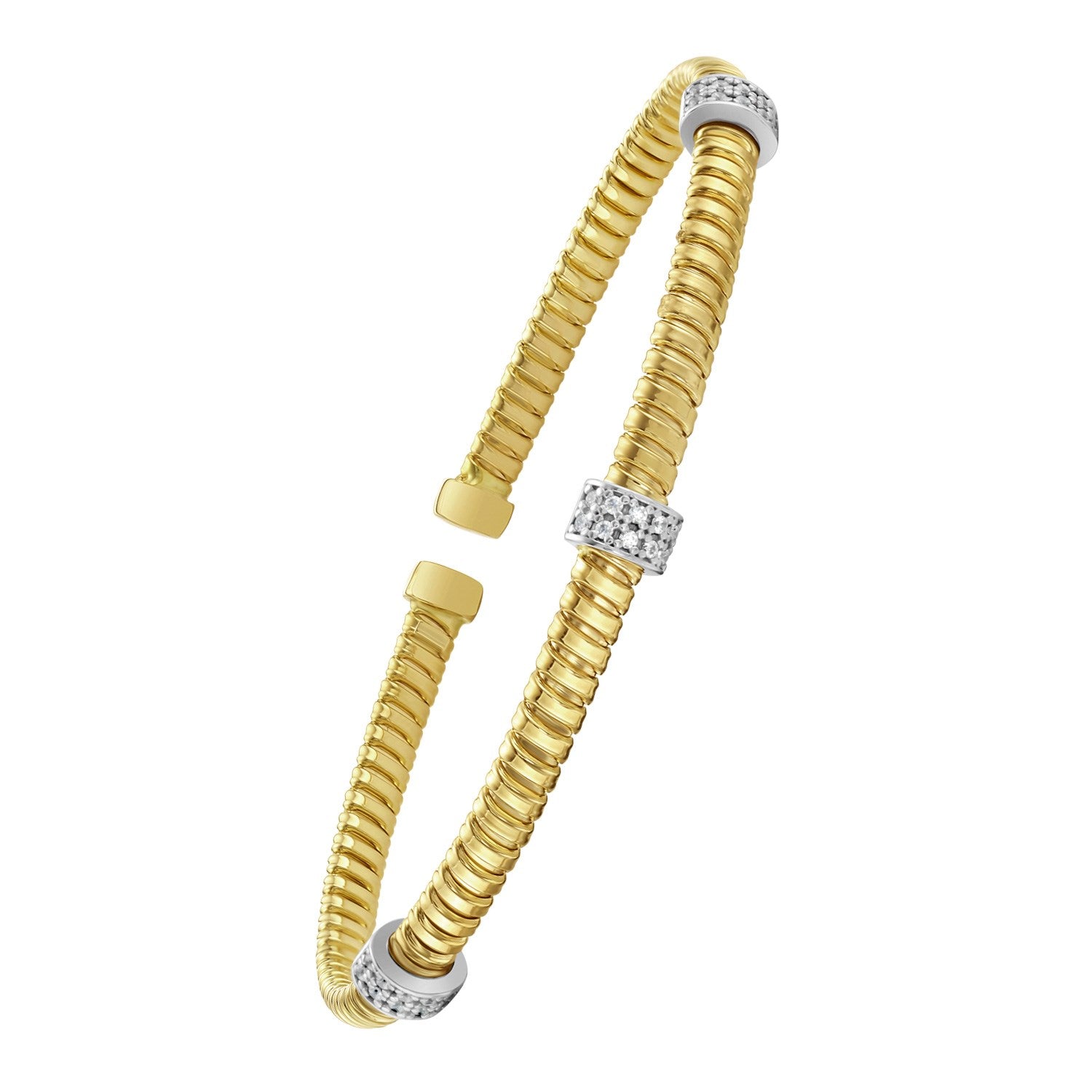 14K yellow gold tubogas cuff bracelet with three diamond stations.