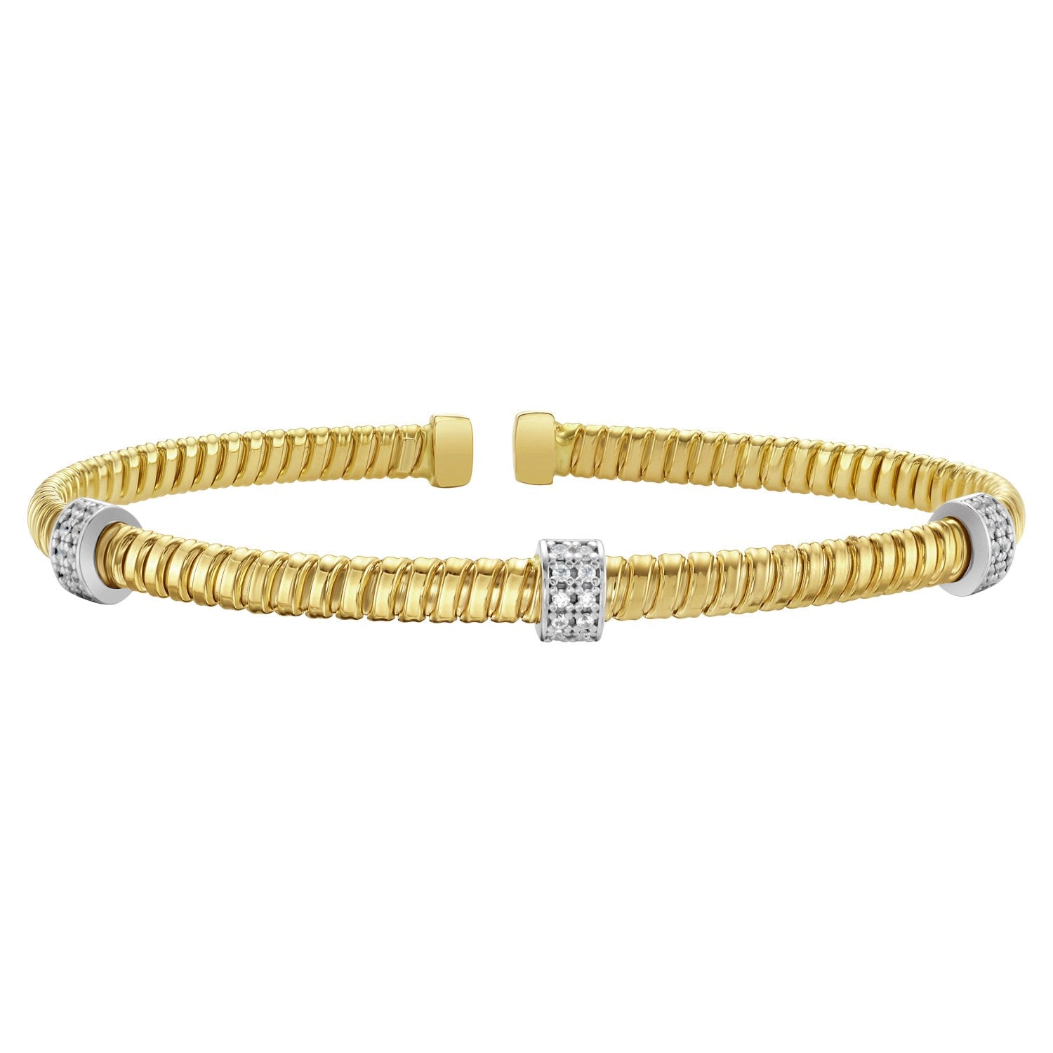14K yellow gold tubogas cuff bracelet with three diamond stations.