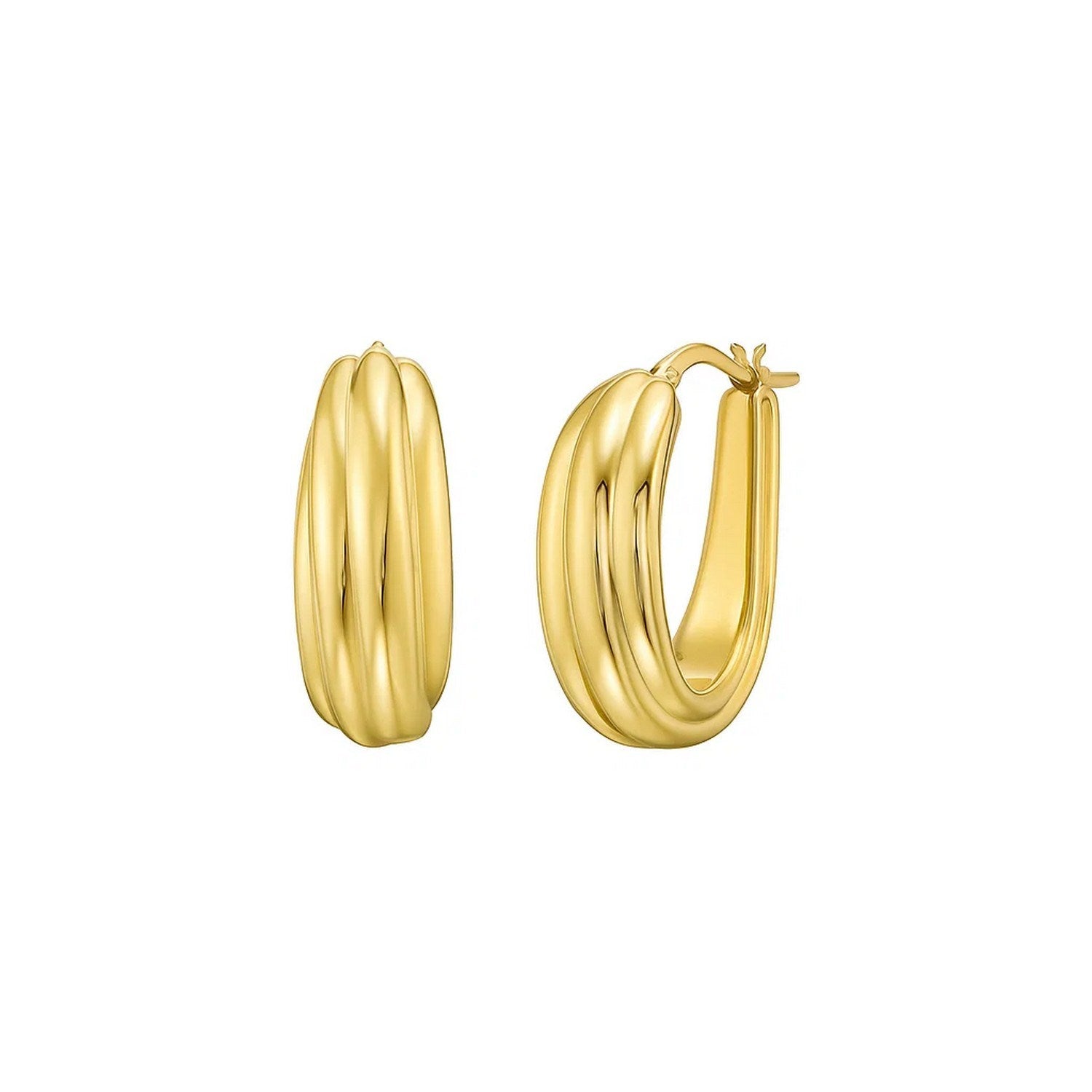 Pair of 14K yellow gold ribbed hoop earrings with hinged snap backs.