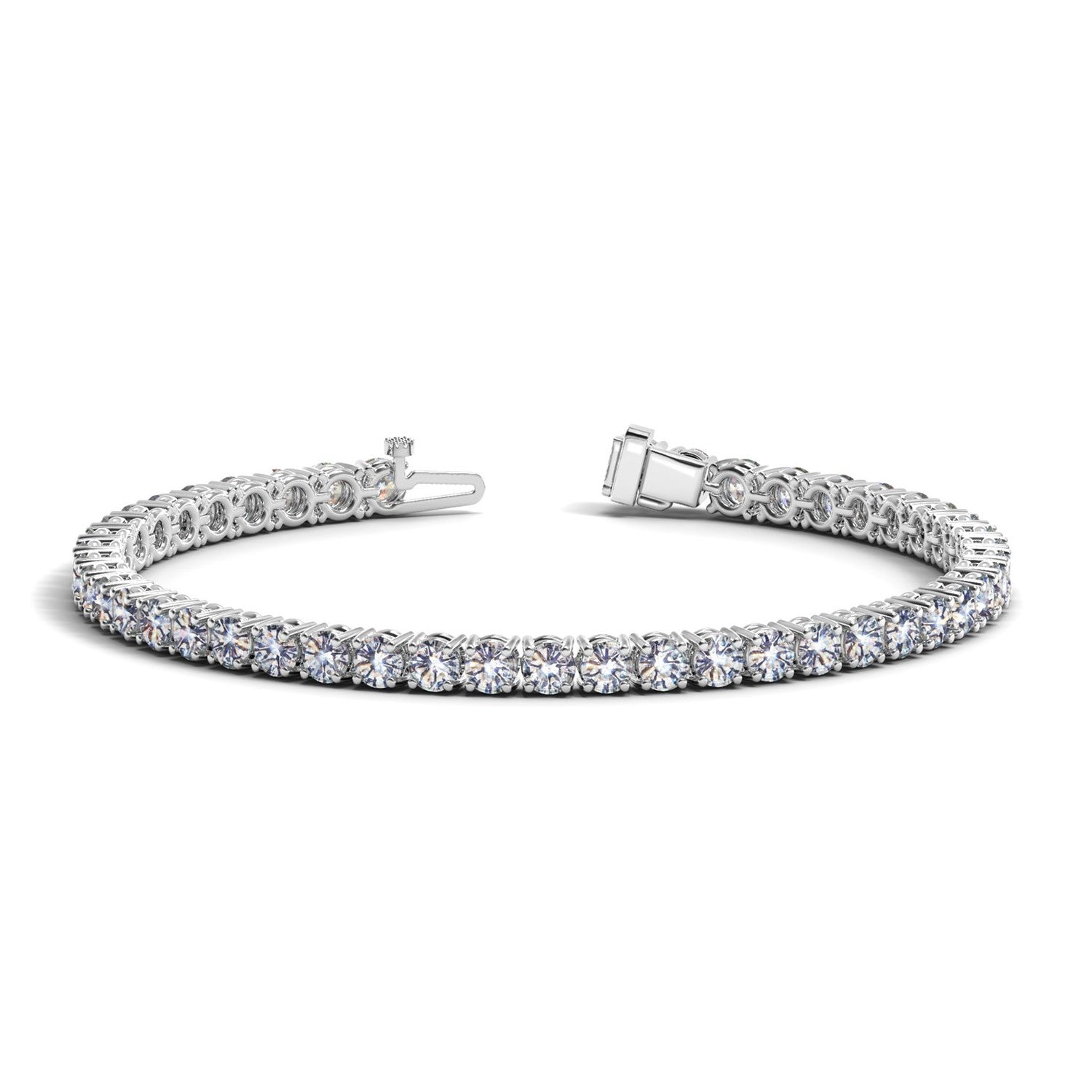A white gold tennis bracelet with numerous round, brilliant-cut diamonds and an open clasp.