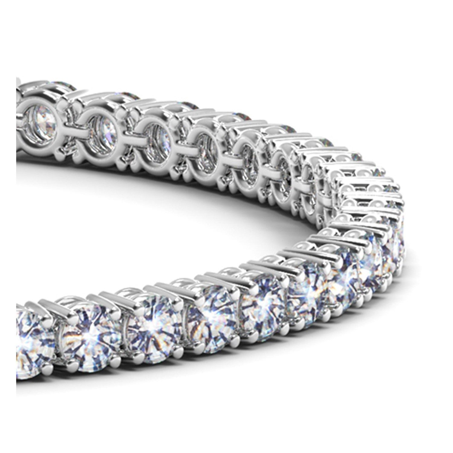 A white gold tennis bracelet with numerous round, brilliant-cut diamonds.