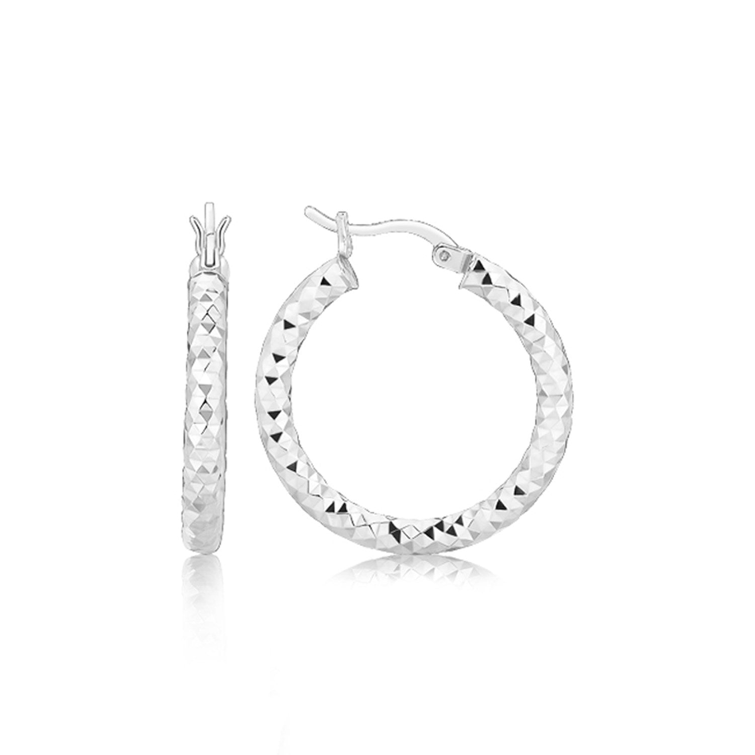Sterling silver faceted hoop earrings with rhodium finishing and snap locks.