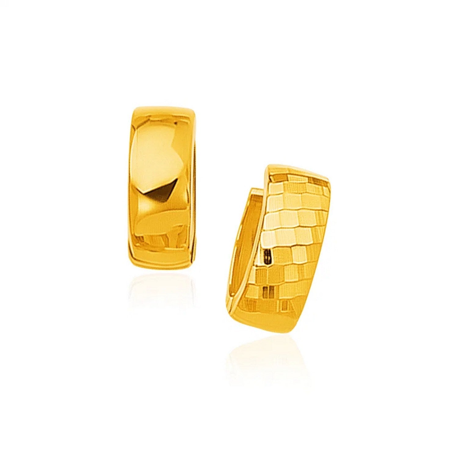 14k yellow gold textured and polished hoop earrings with a snap lock backing.