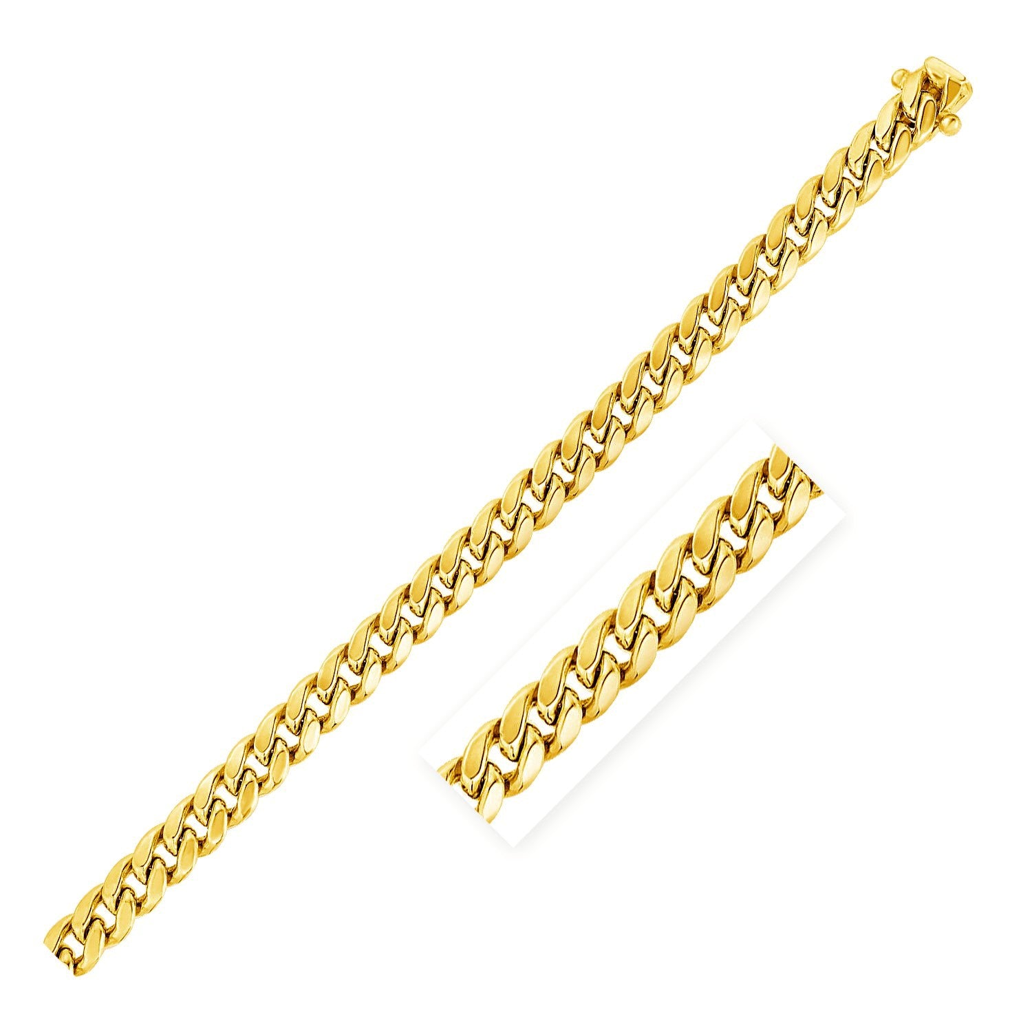 14k yellow gold semi-solid Miami Cuban chain with a box clasp.