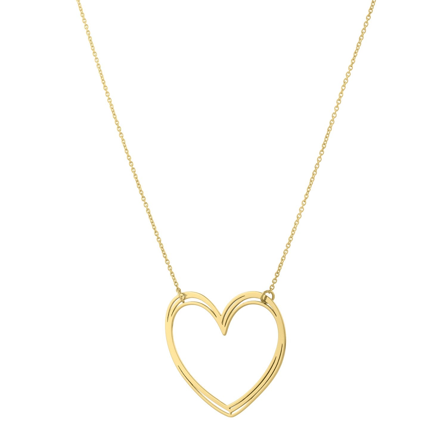 Large open heart necklace in 14K yellow gold on an 18-inch cable chain.