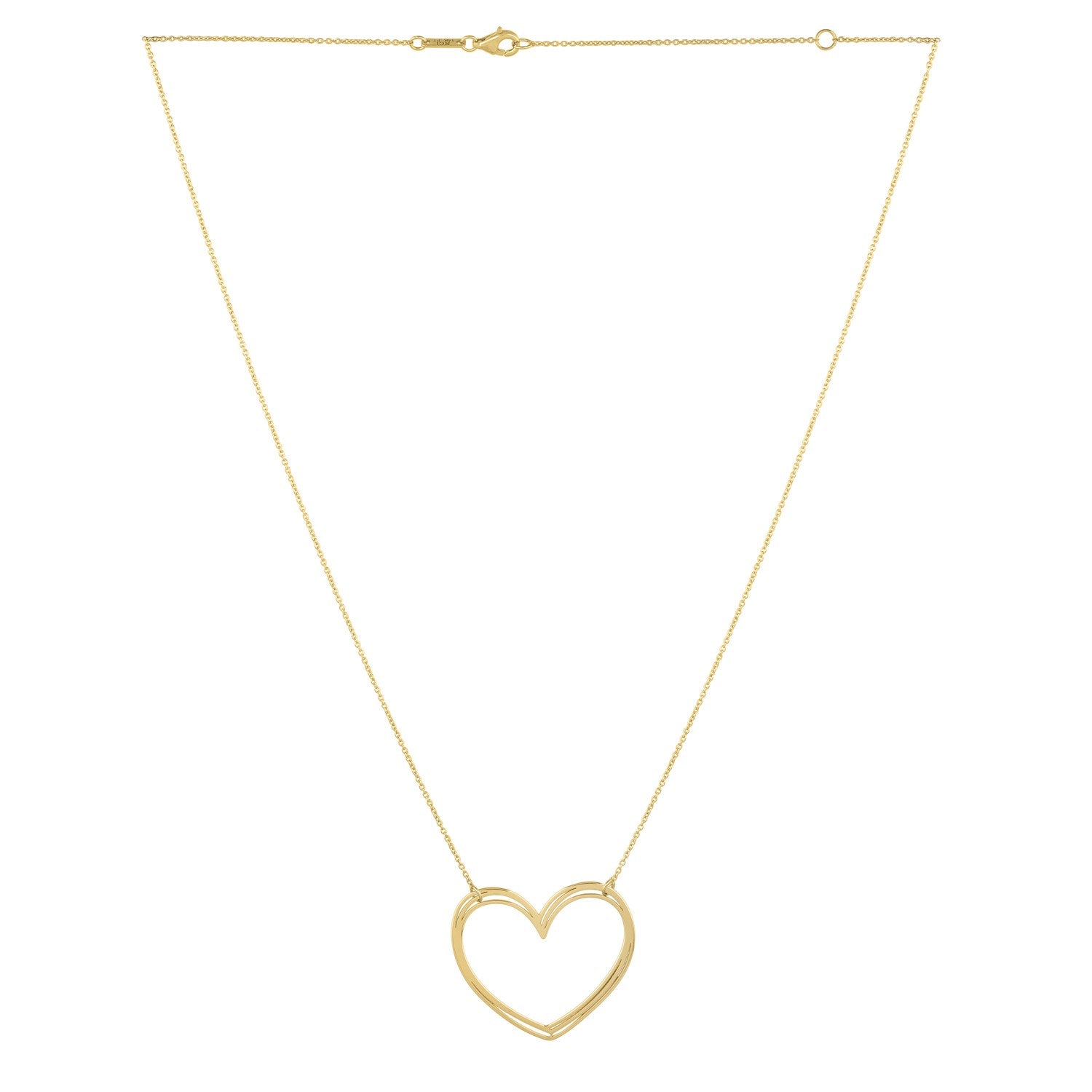 A large open heart necklace in 14K yellow gold with a cable chain.