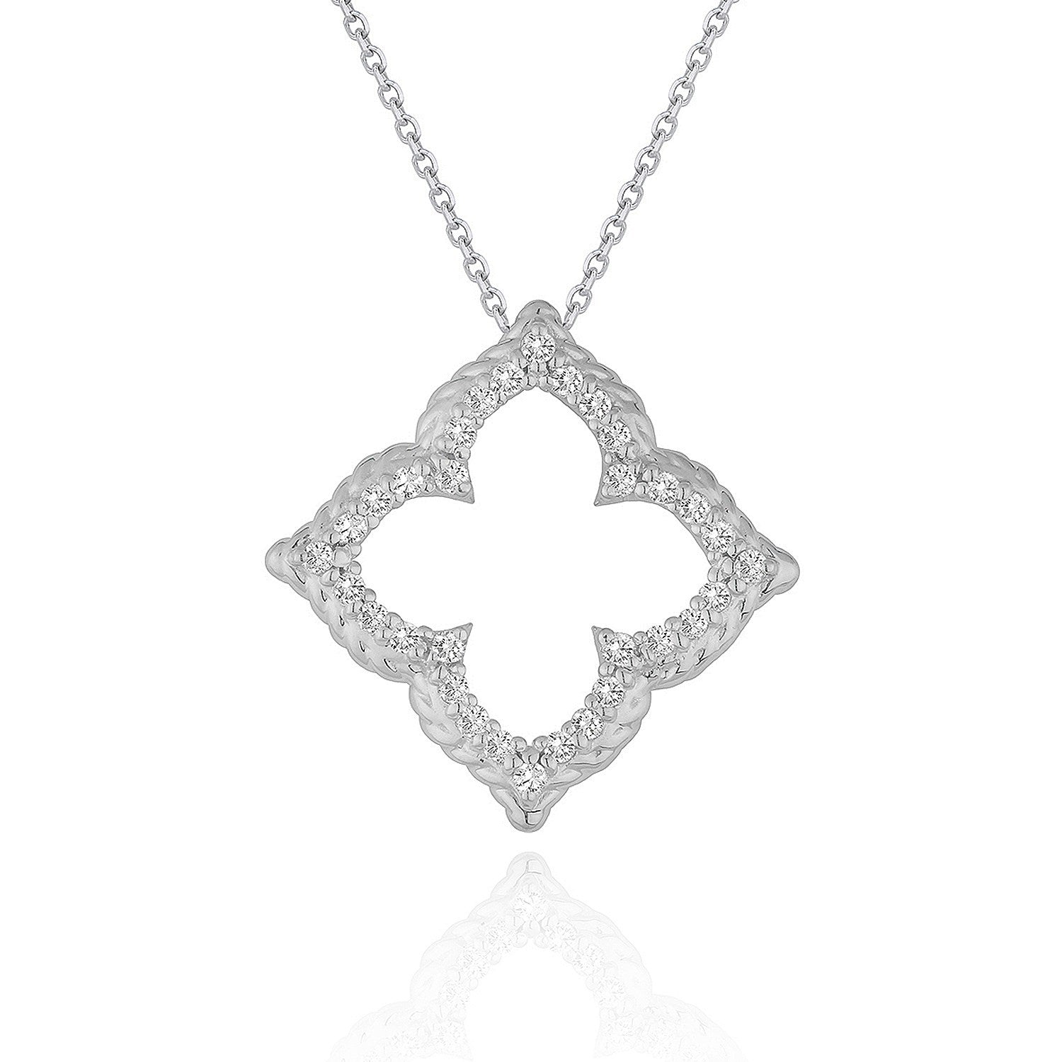 14k white gold diamond cut-out flower pendant on a cable chain.