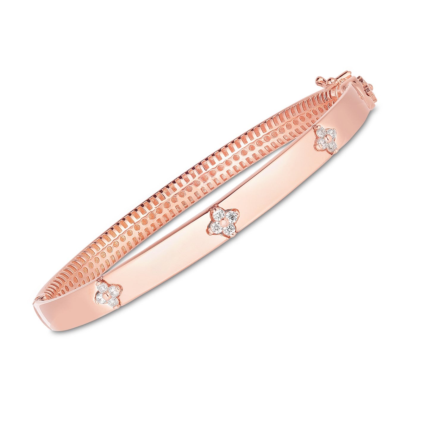 14k rose gold bangle with three diamond-studded flower shapes.