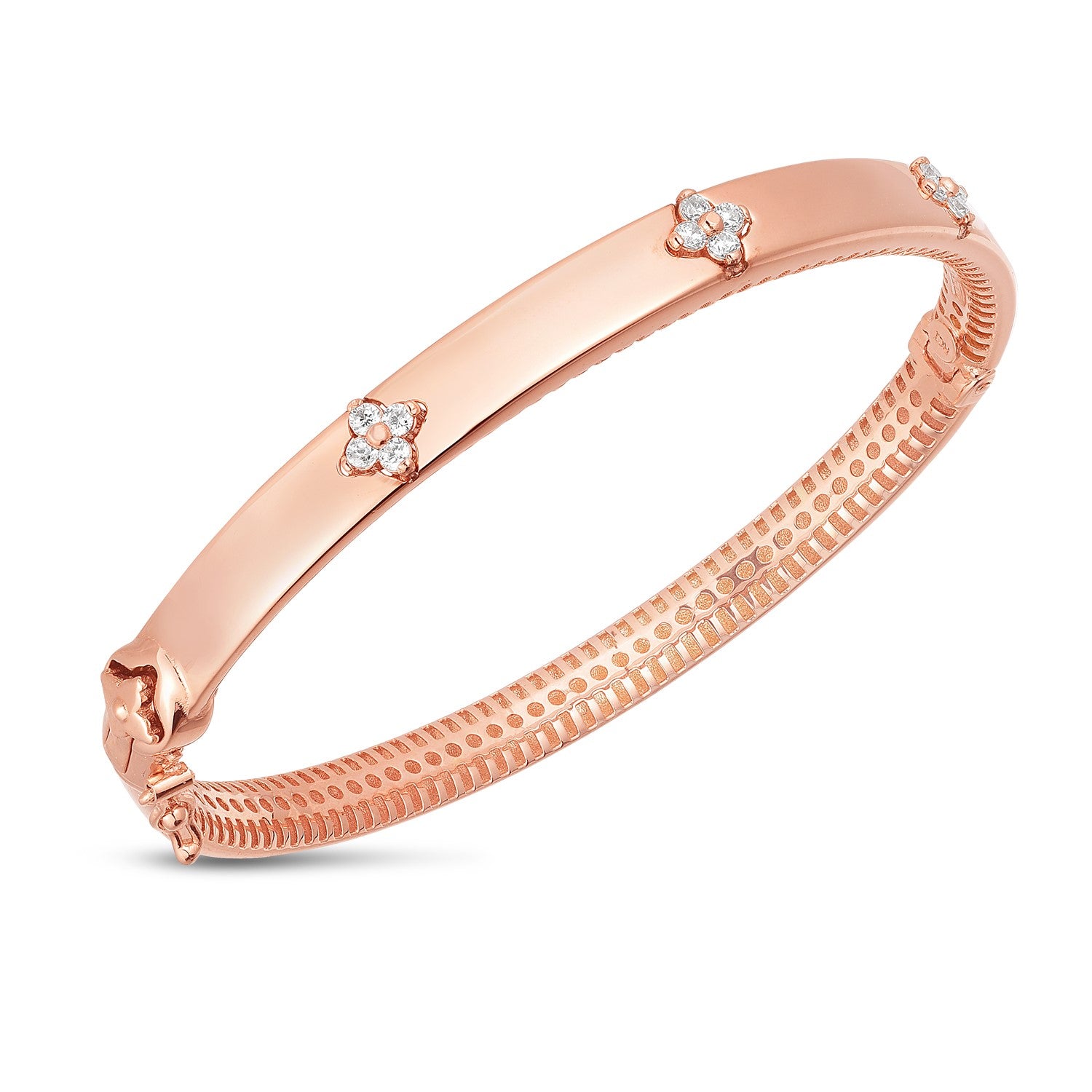 14k rose gold bangle with three diamond flower clusters and a textured inner band.