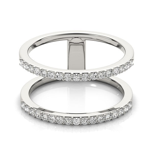 14k white gold dual band ring with prong-set round diamonds.