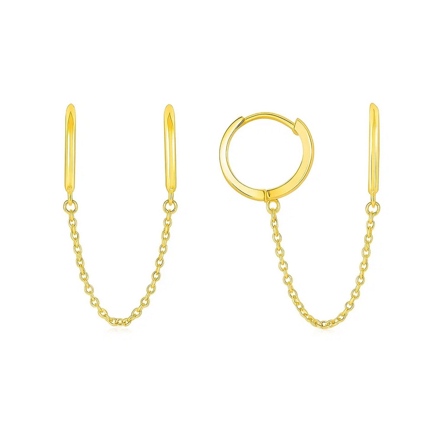 Two 14k yellow gold huggie hoop earrings connected by a delicate chain.