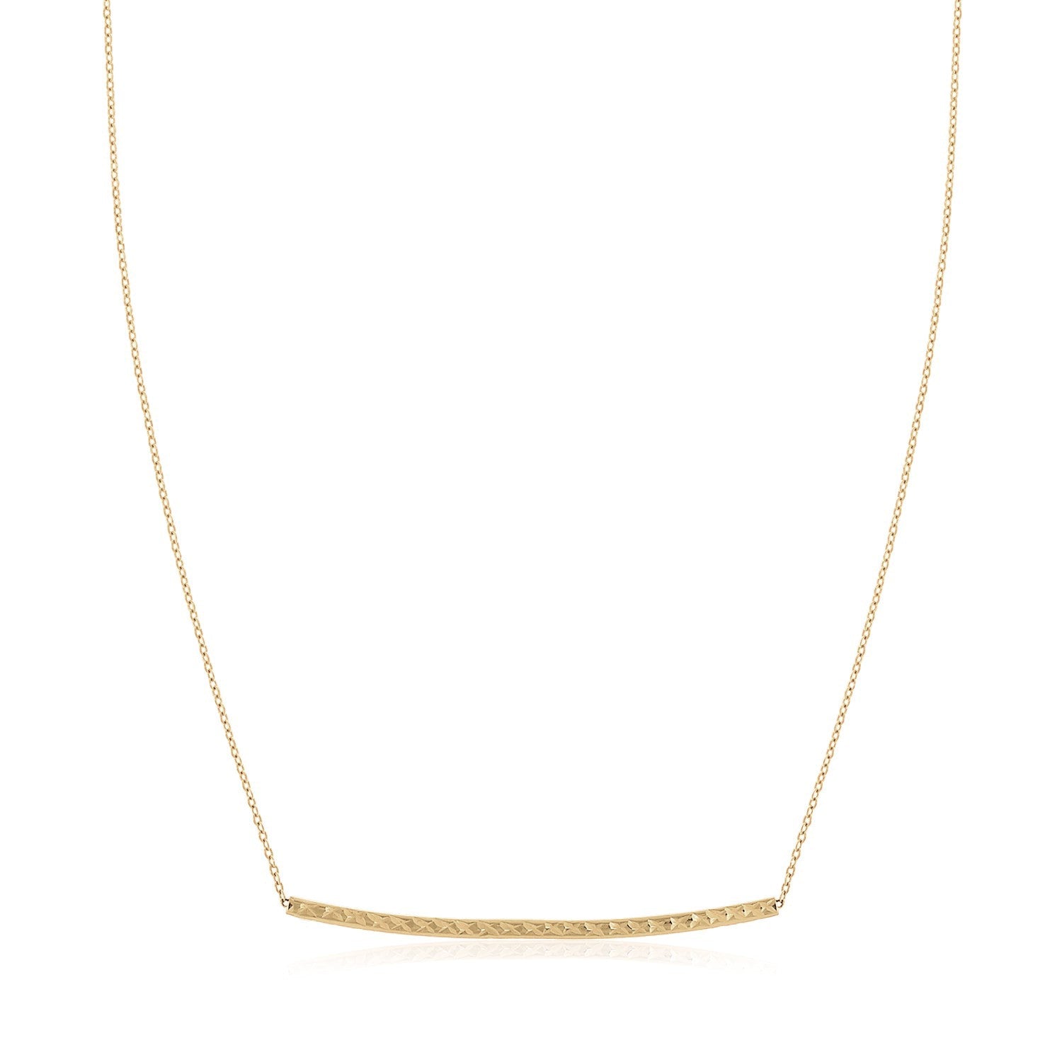 14k yellow gold thin textured bar necklace with a diamond-cut finish.