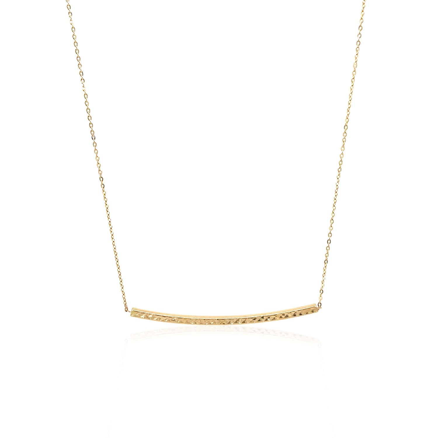 14k yellow gold thin textured bar necklace with a cable chain.