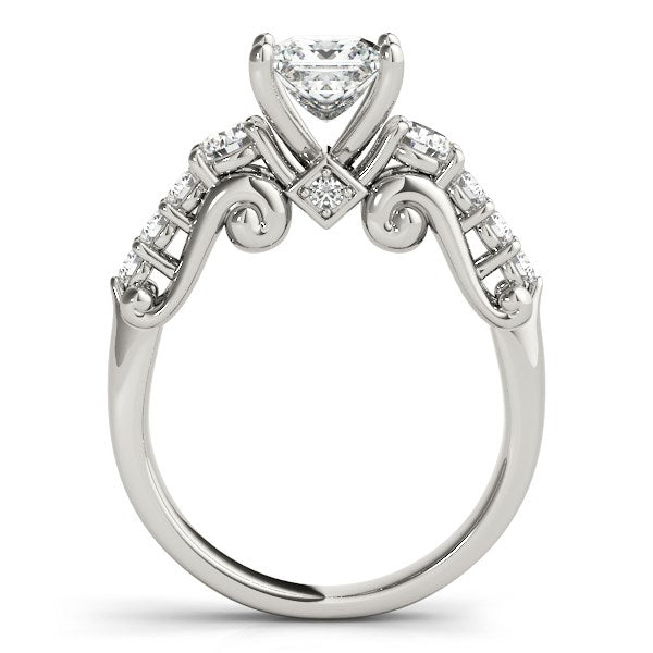 14k white gold antique design engagement ring with a princess cut center diamond.