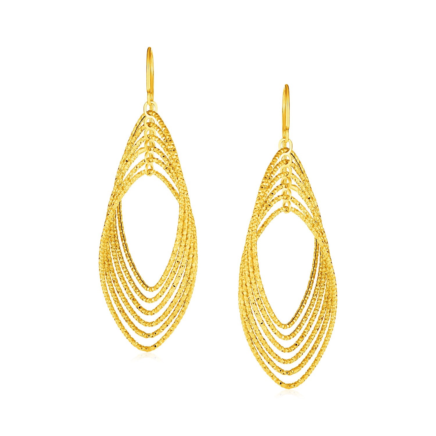 14k yellow gold post earrings with textured marquise shapes.
