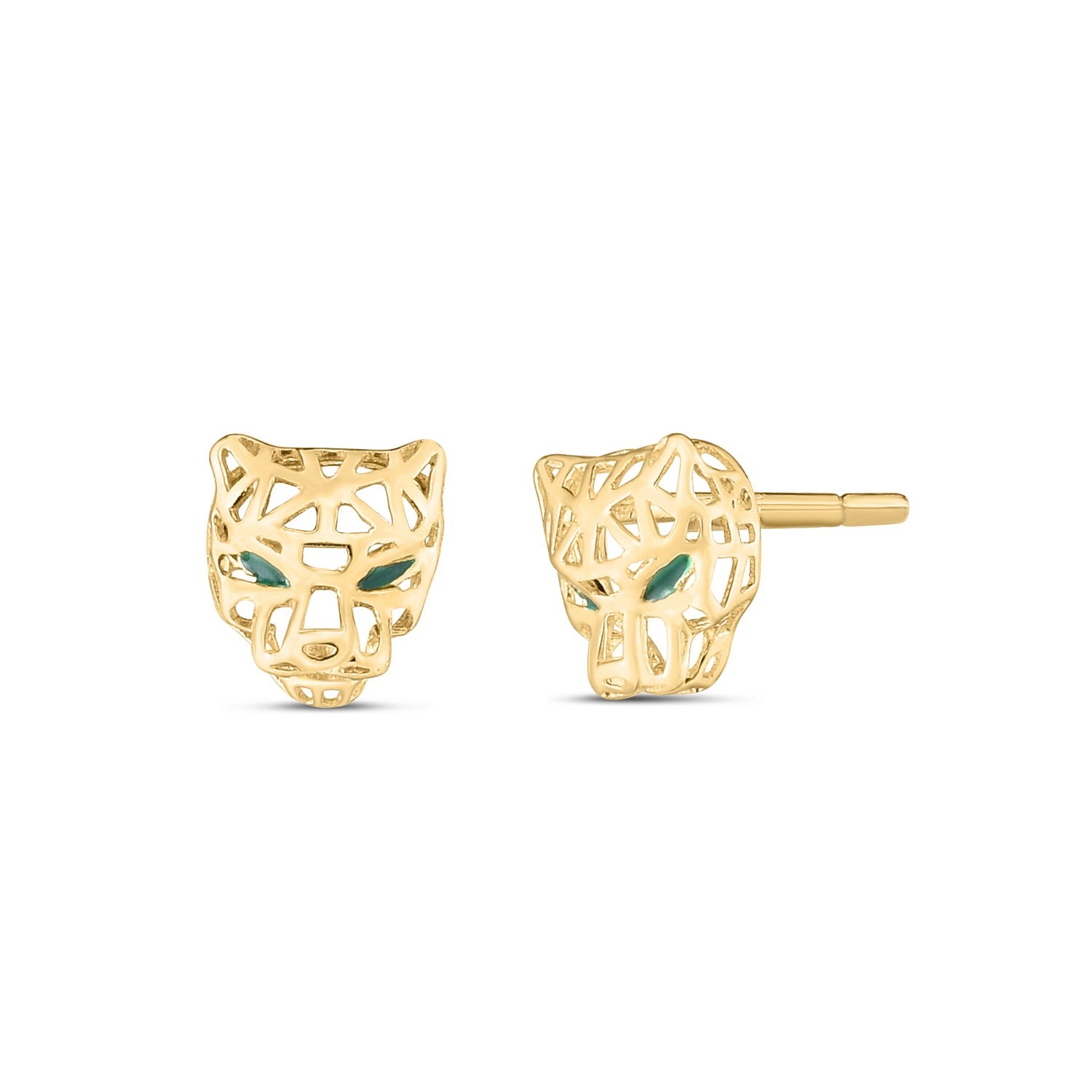 14k yellow gold panther head stud earrings with green eyes and a push back closure.