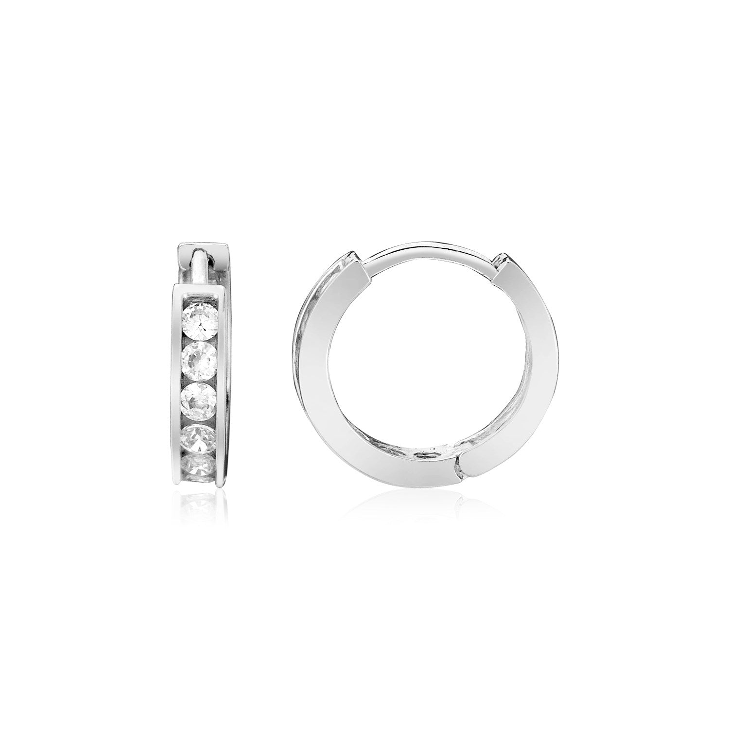 Sterling silver petite hoop earrings with five round cubic zirconias.