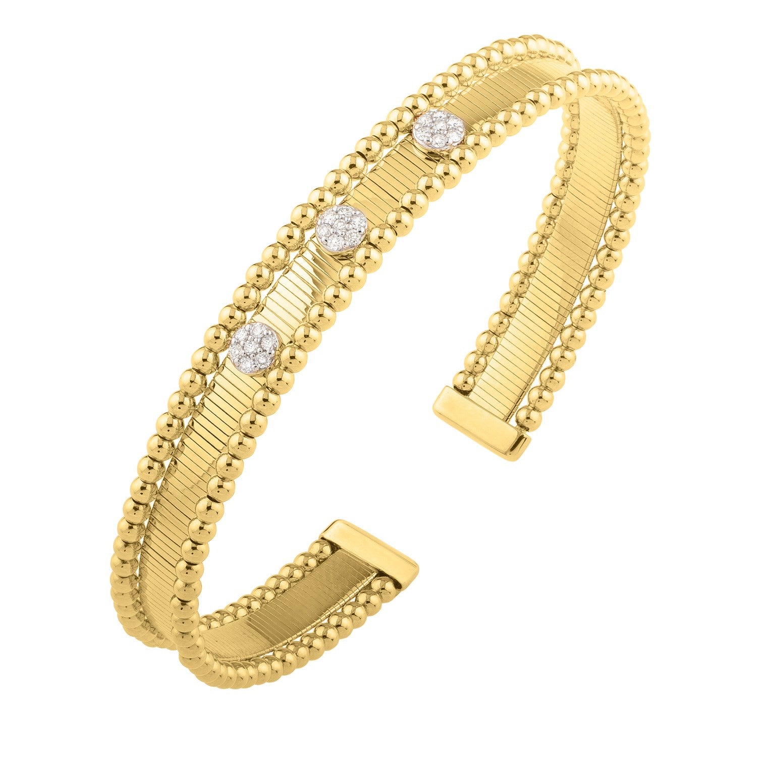 Two-toned 14K gold cuff bangle with three diamond-studded circular embellishments.