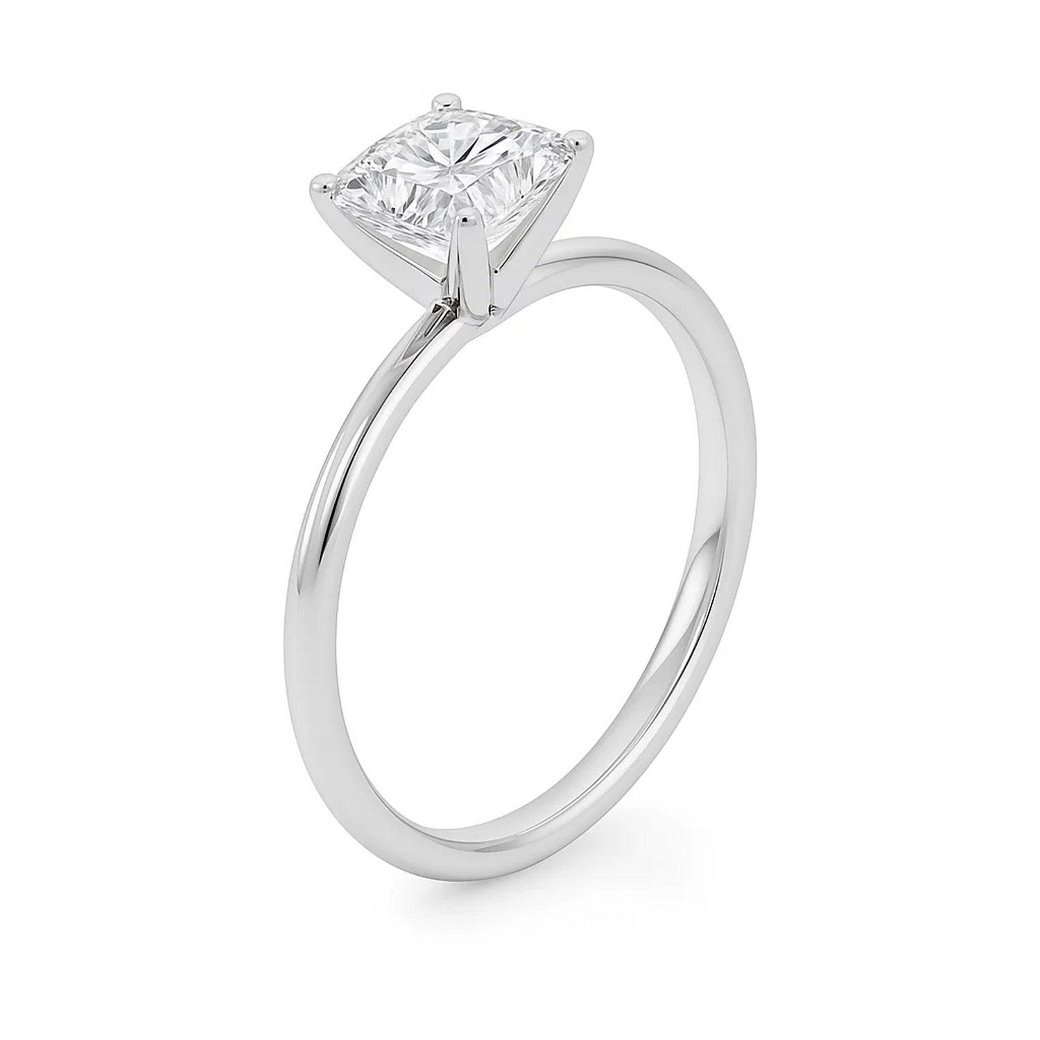 A white gold solitaire ring with a princess-cut diamond in a four-prong setting.