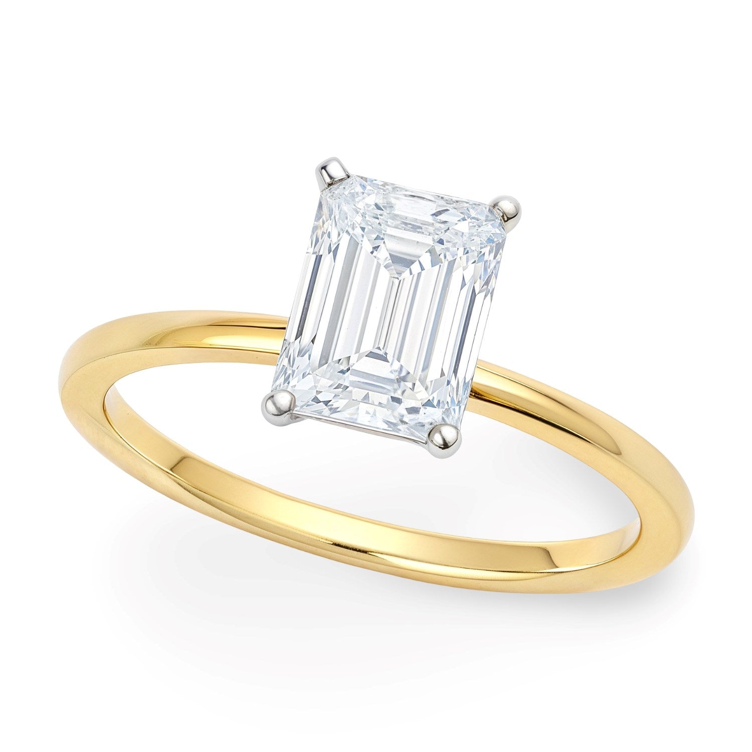 A radiant lab-grown diamond solitaire ring with a yellow gold band and white gold prongs.