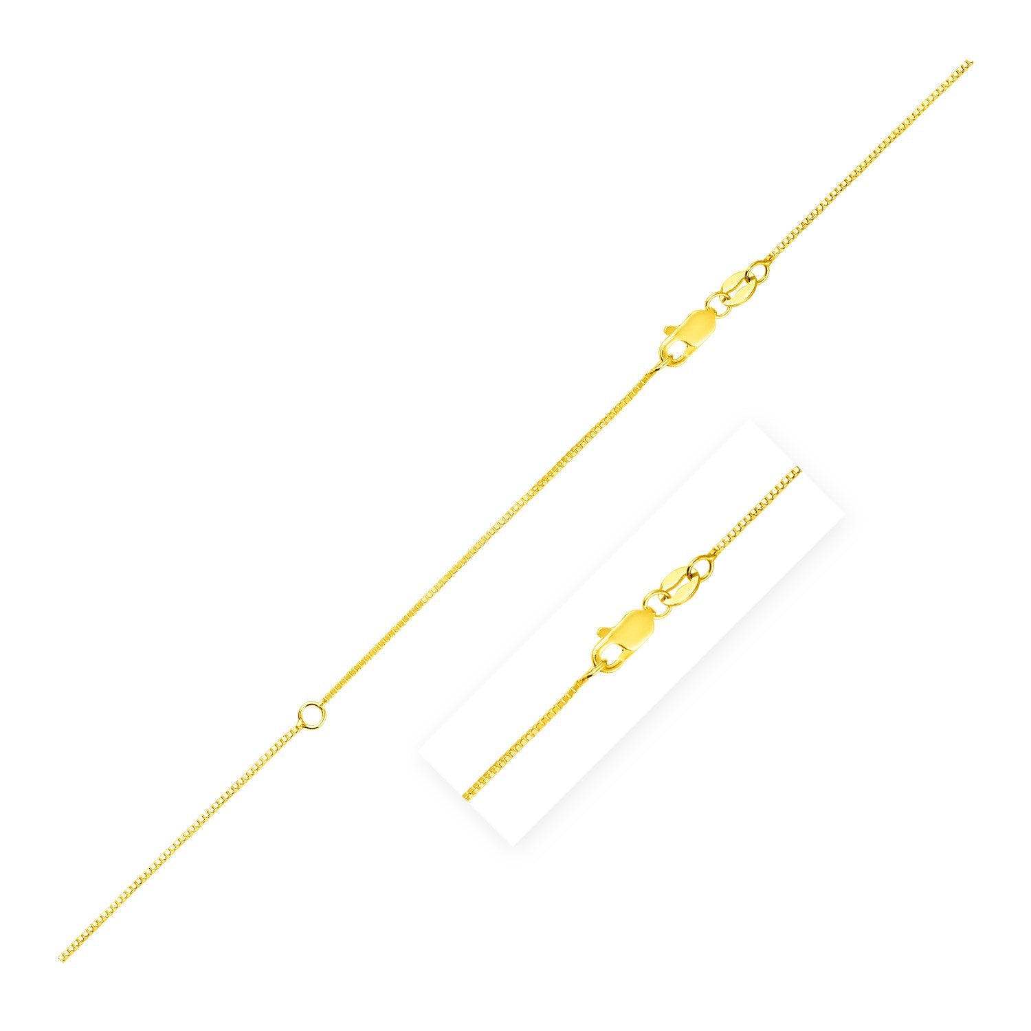 A 14k yellow gold extendable box chain with a lobster clasp.