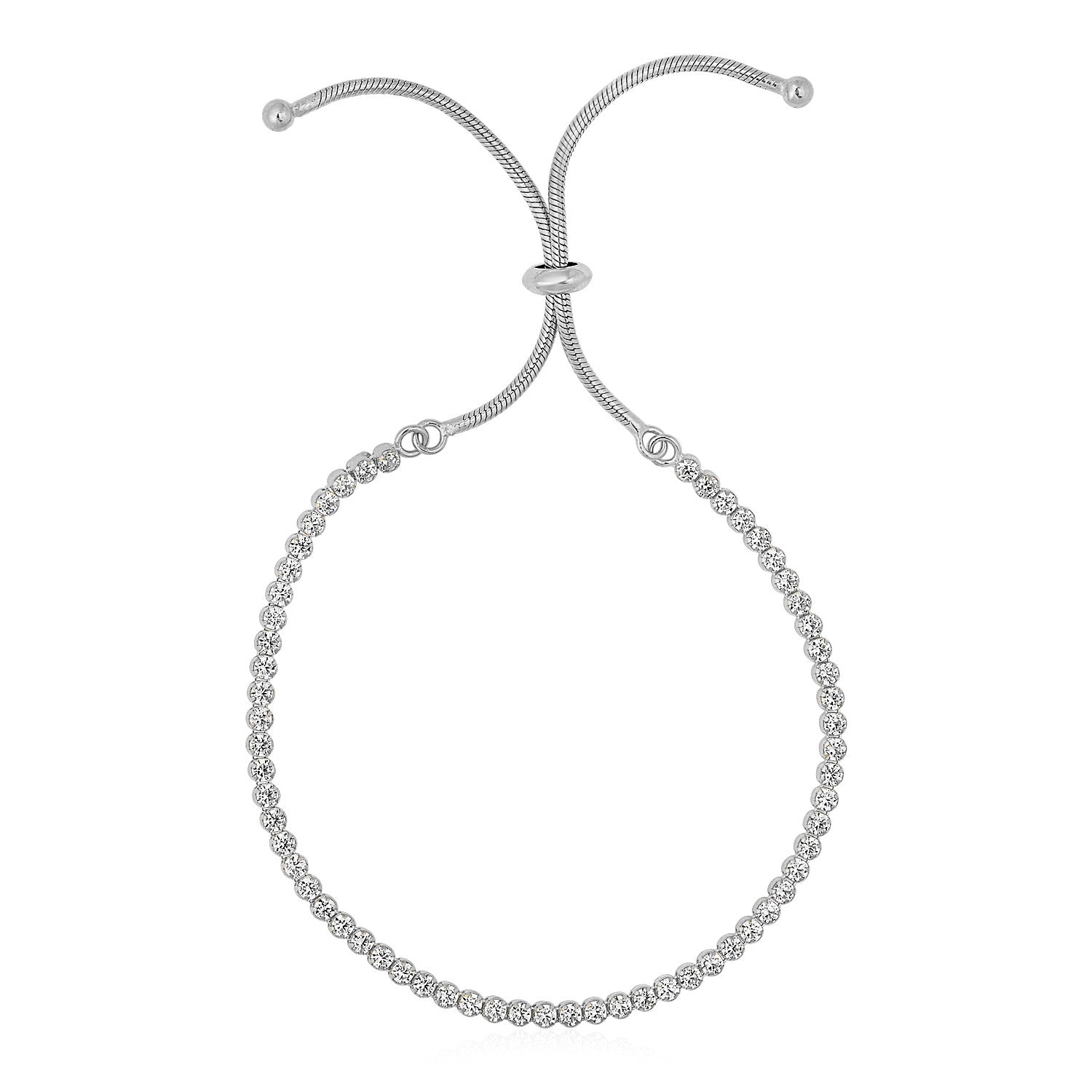 Adjustable sterling silver tennis bracelet with round cubic zirconia stones.