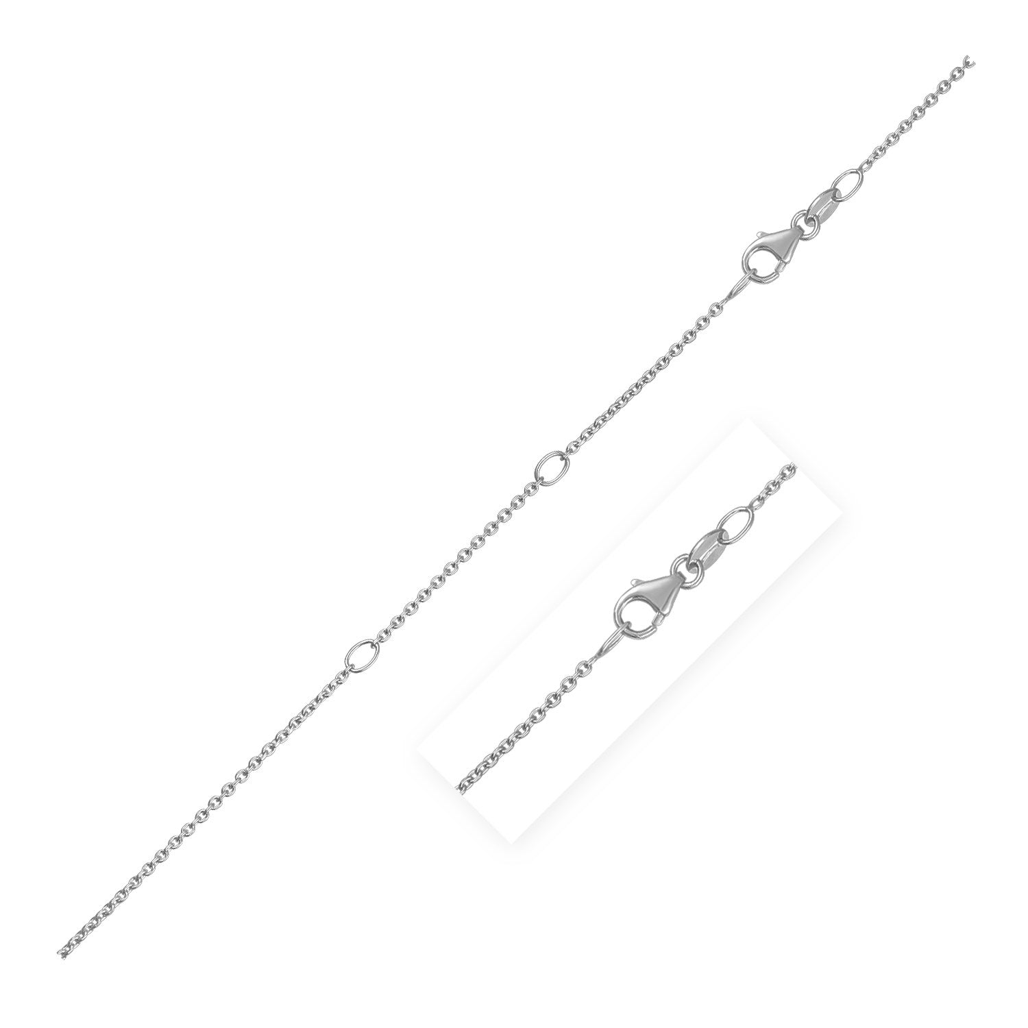 White gold diamond-cut cable chain with a lobster clasp and extender.