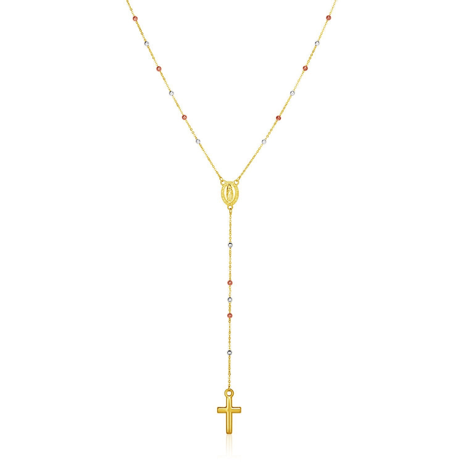 14k tri-color gold lariat rosary necklace with a cross and polished beads.