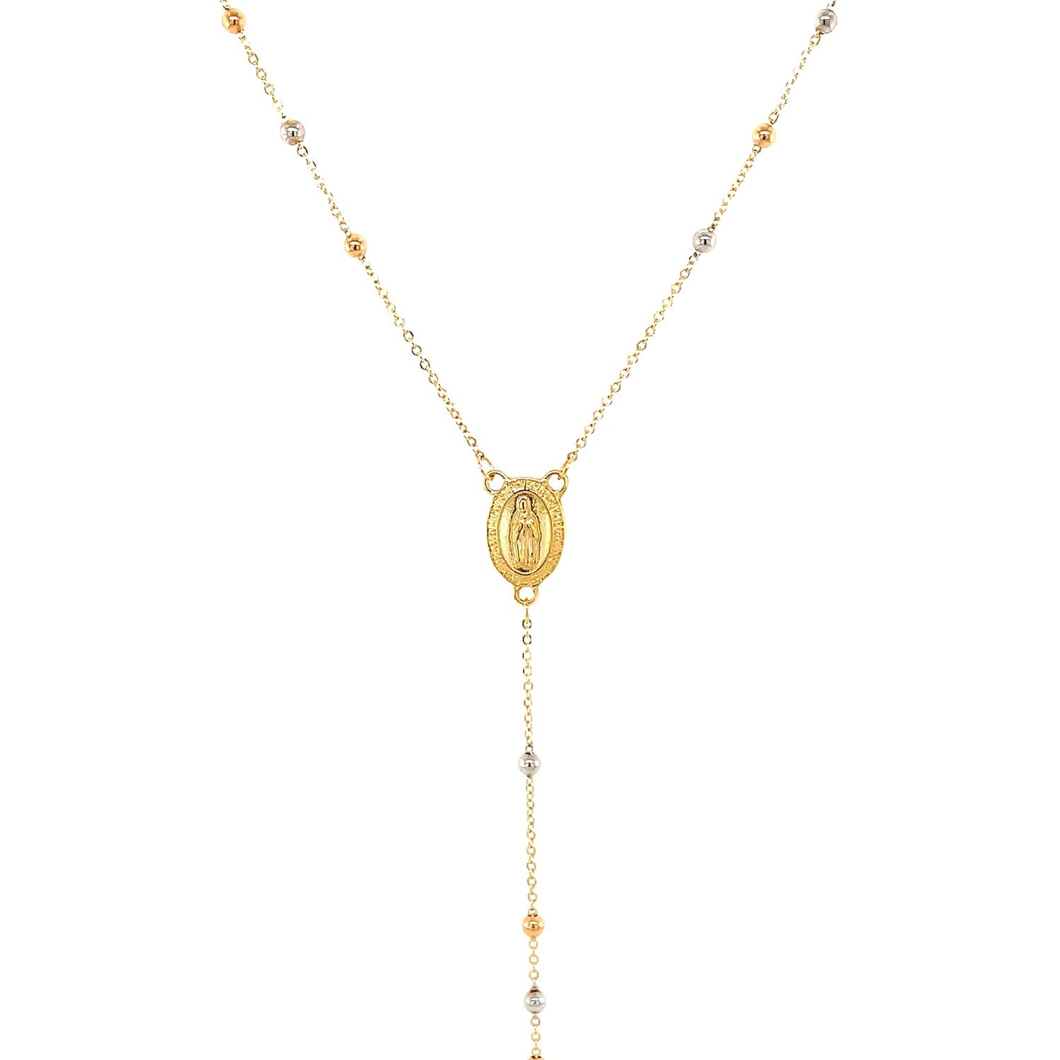 14k tri-color gold lariat rosary necklace with a Virgin Mary medallion.