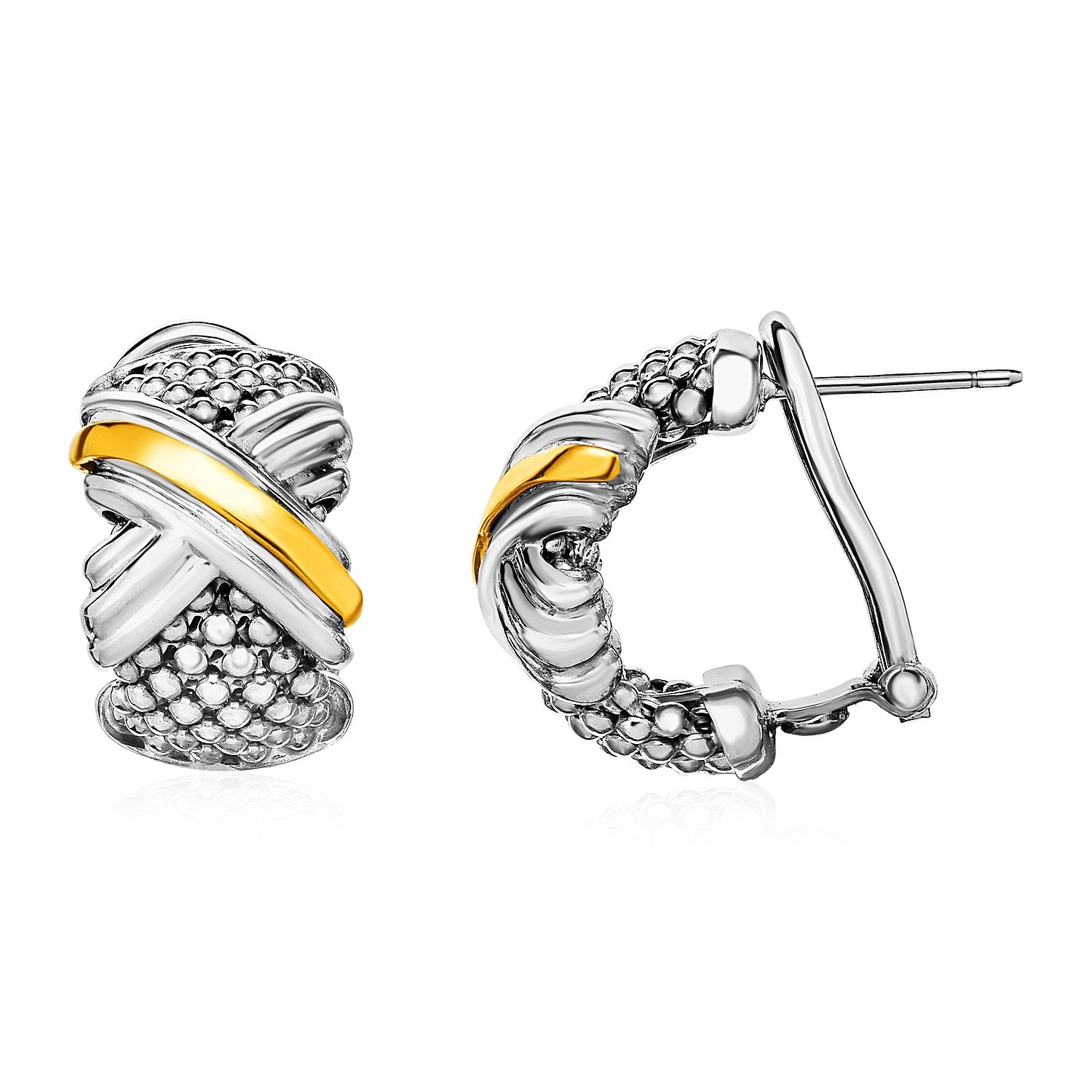 Popcorn texture earrings with an X motif in sterling silver and 18k yellow gold.