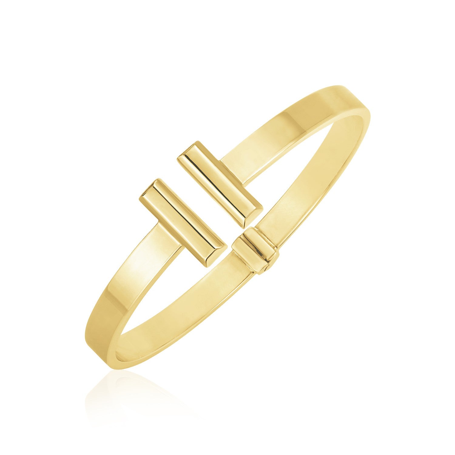 14k yellow gold high polish bar cuff bangle with a hinge closure.