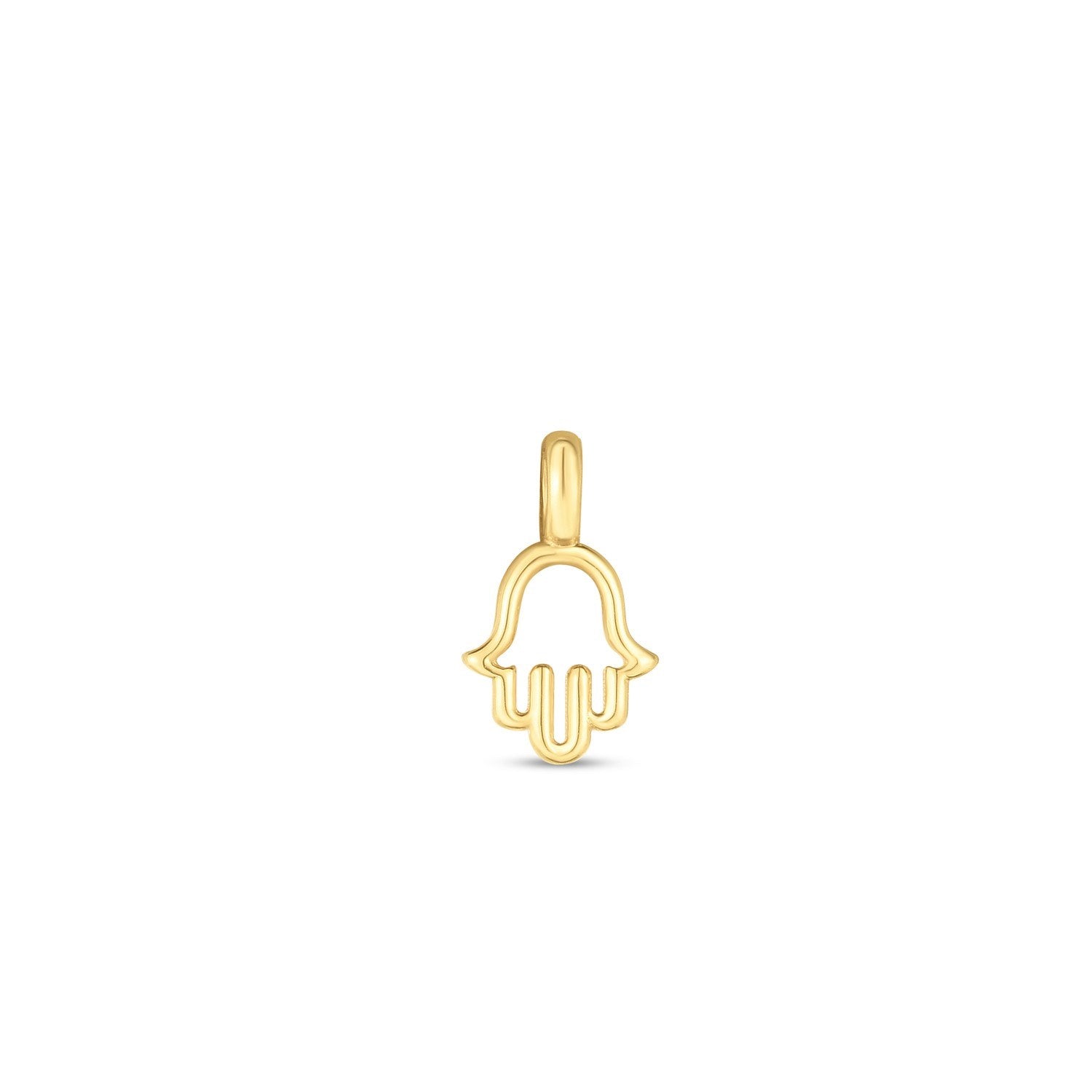A polished 14k yellow gold mini Hamsa charm.