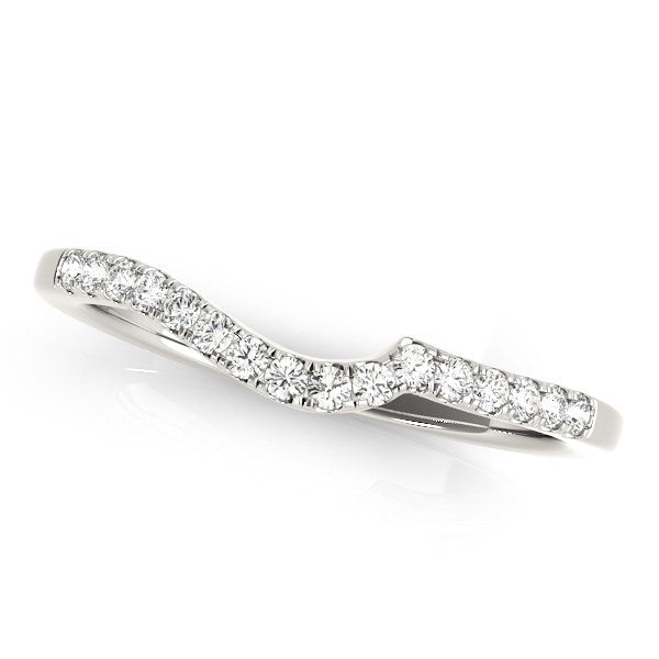 14k white gold curved wedding ring with pave set round diamonds.