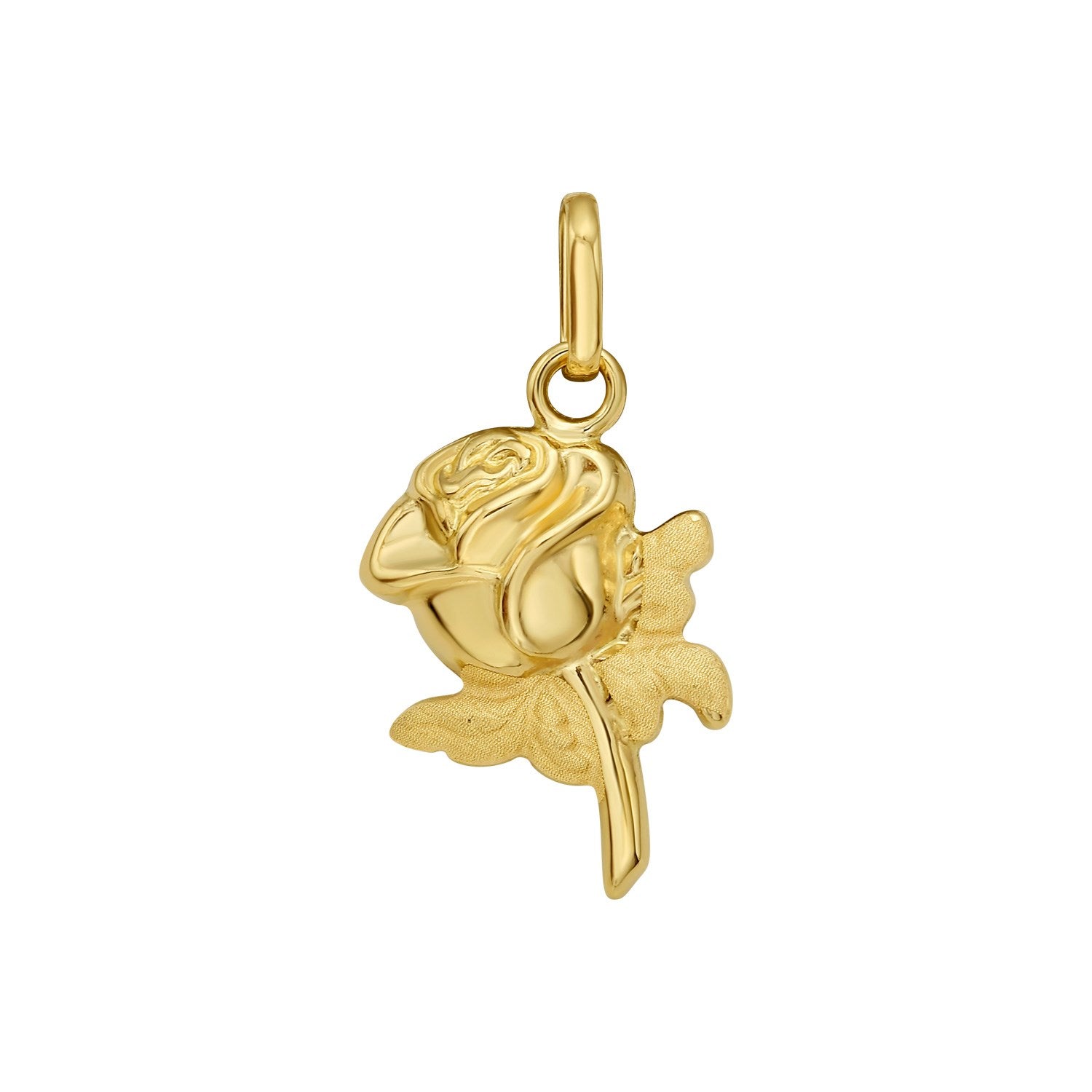 A polished 14K yellow gold rose charm pendant.