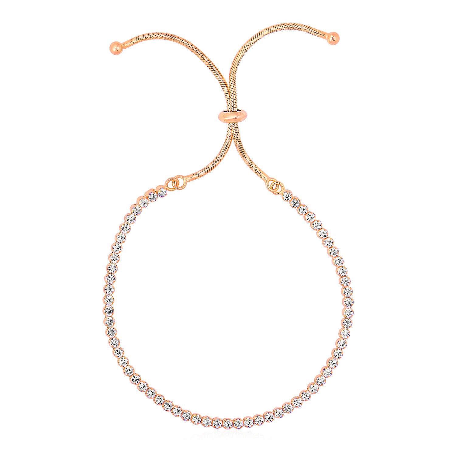 Adjustable rose gold-toned tennis bracelet with round cubic zirconia stones.