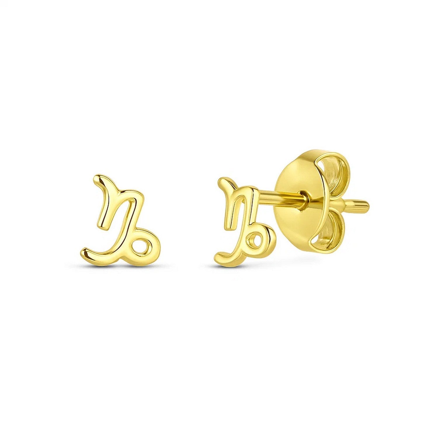 14k yellow gold Capricorn stud earrings with a high polish finish and push backs.